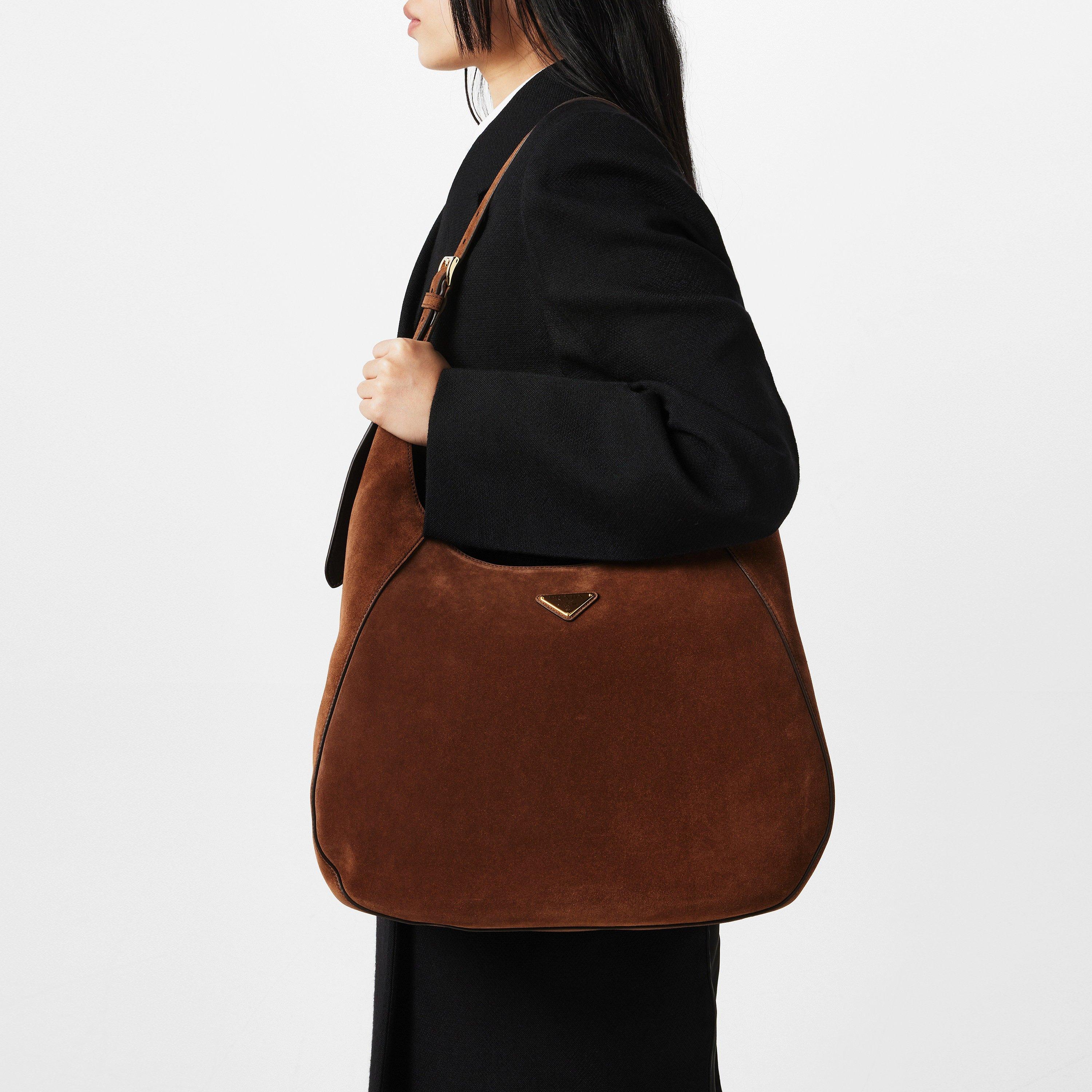 Cacao - Prada - Women'S Logo Large Suede Shoulder Tote Bag - 3