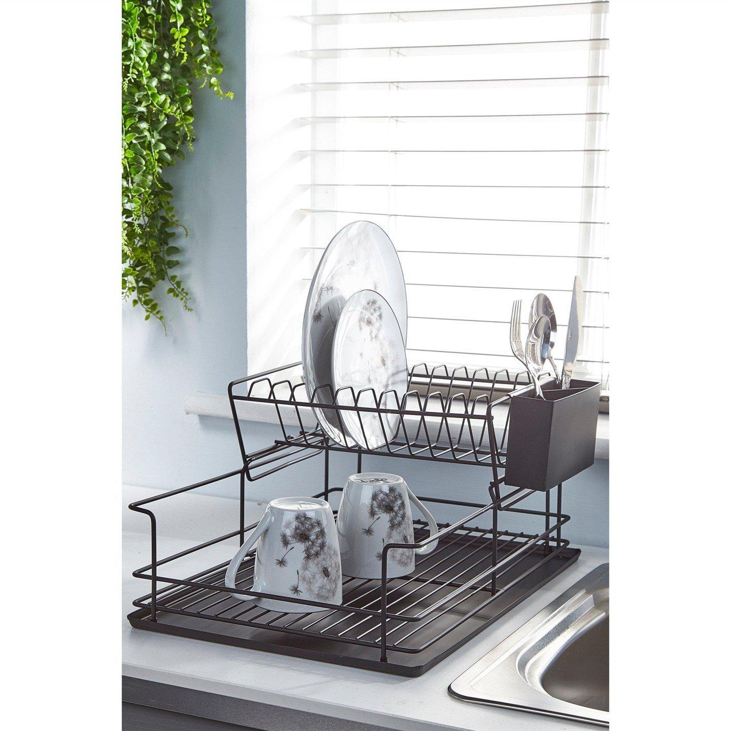 Black - Homelife - Matte Black 2-Tier Steel Dish Drainer - 5
