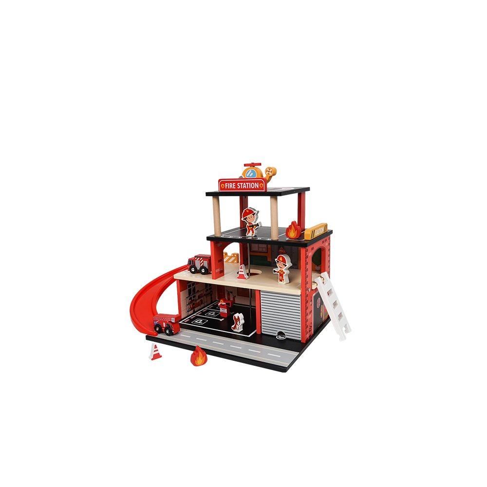 Red - Tooky Toy - Toooky Wooden Fire Station Playset - 1