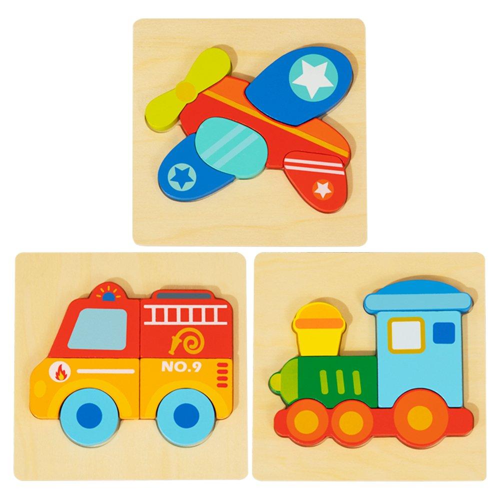 Tooky Toy  Infant Wooden 3 Piece Vehicle Puzzle - 
