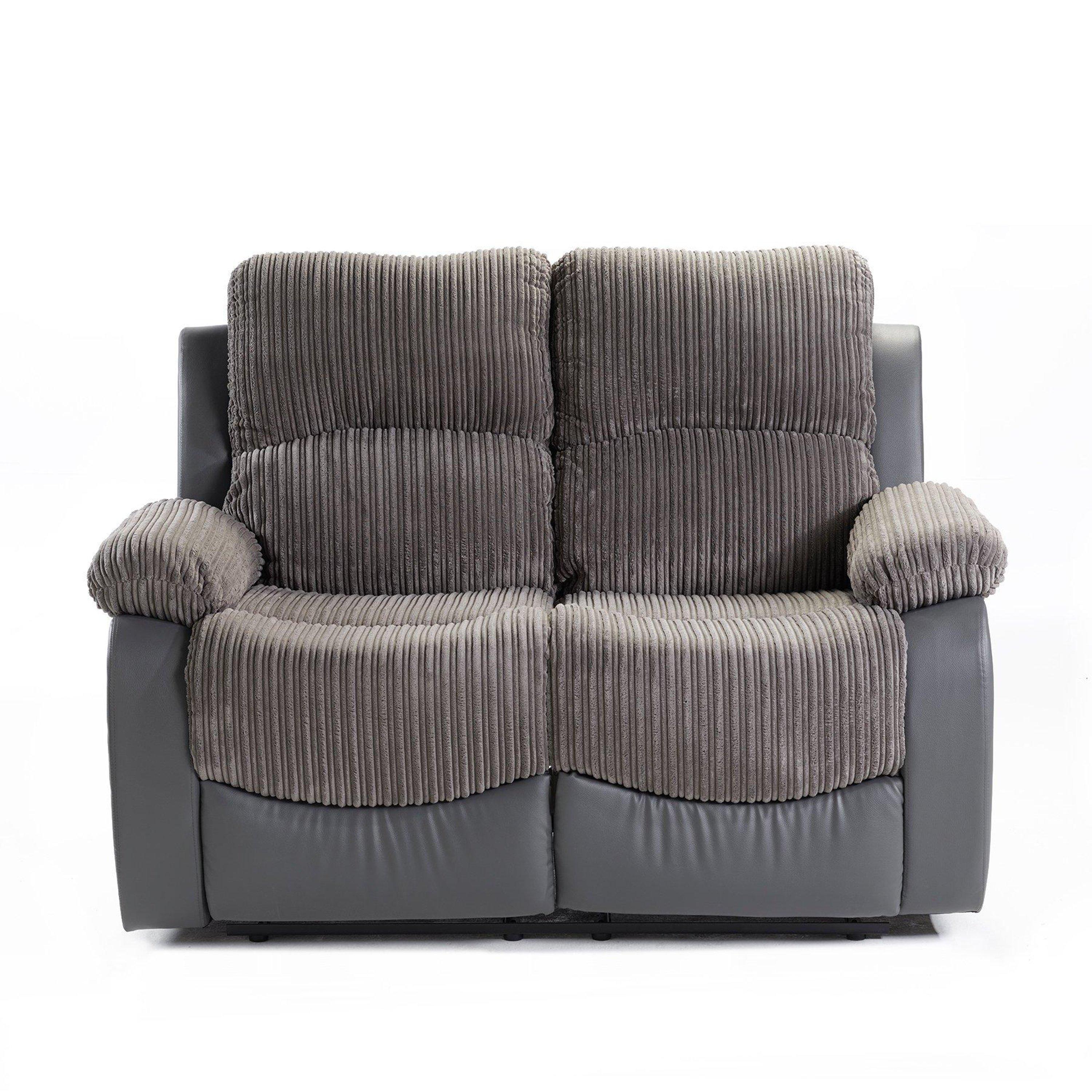 Grey - Homelife - Canterbury Cord/Faux Leather Recliner 2 Seater Sofa - 2
