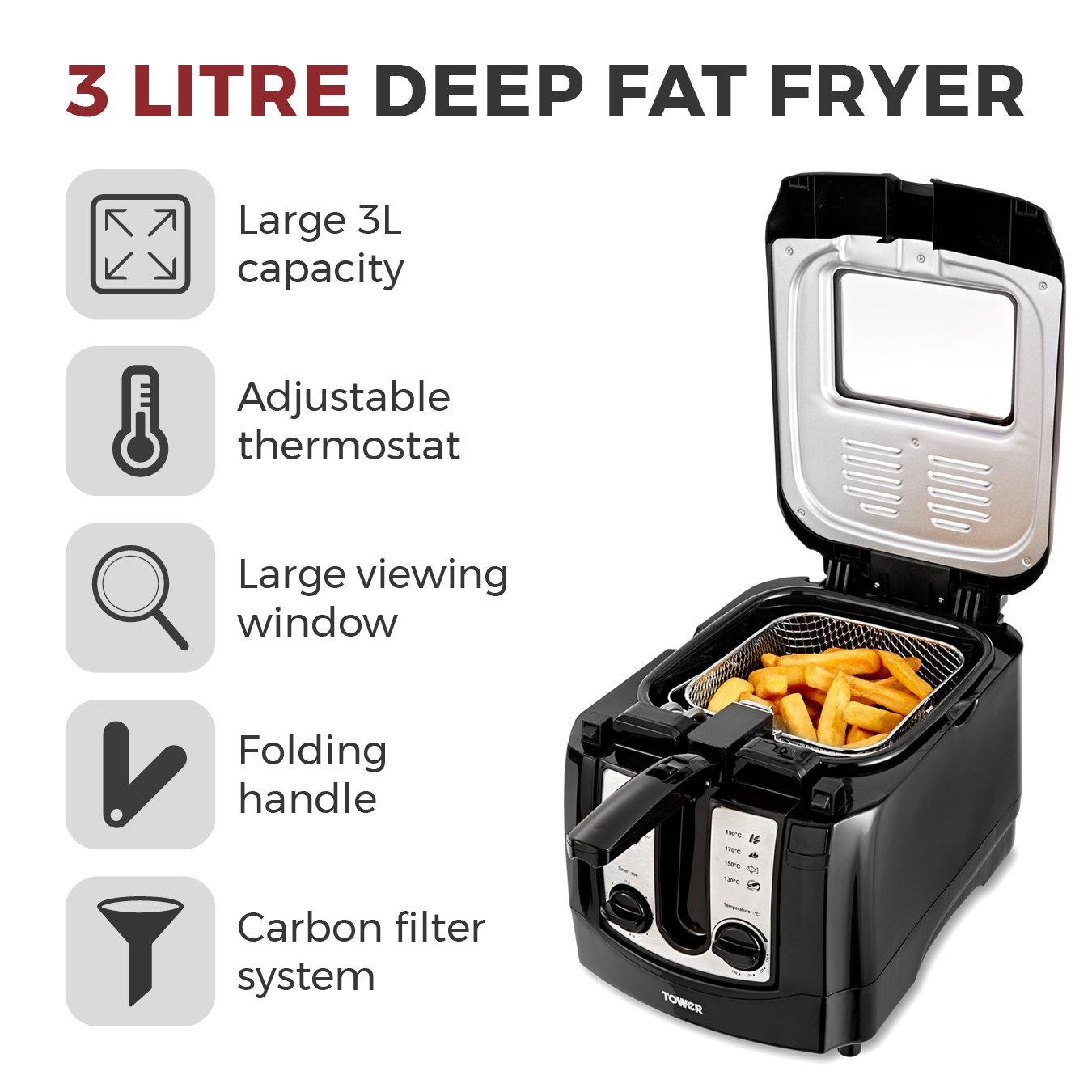 Black - Tower - 2300W 3 Litre Easy Clean Deep Fryer - 2