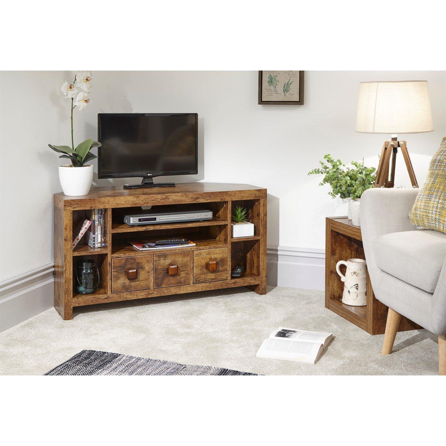 GFW Jakarta 3 Drawer 6 Shelf Corner TV Unit - Mango Yellow - Hardwood Effect - Fits Neatly into Corners - Image 5