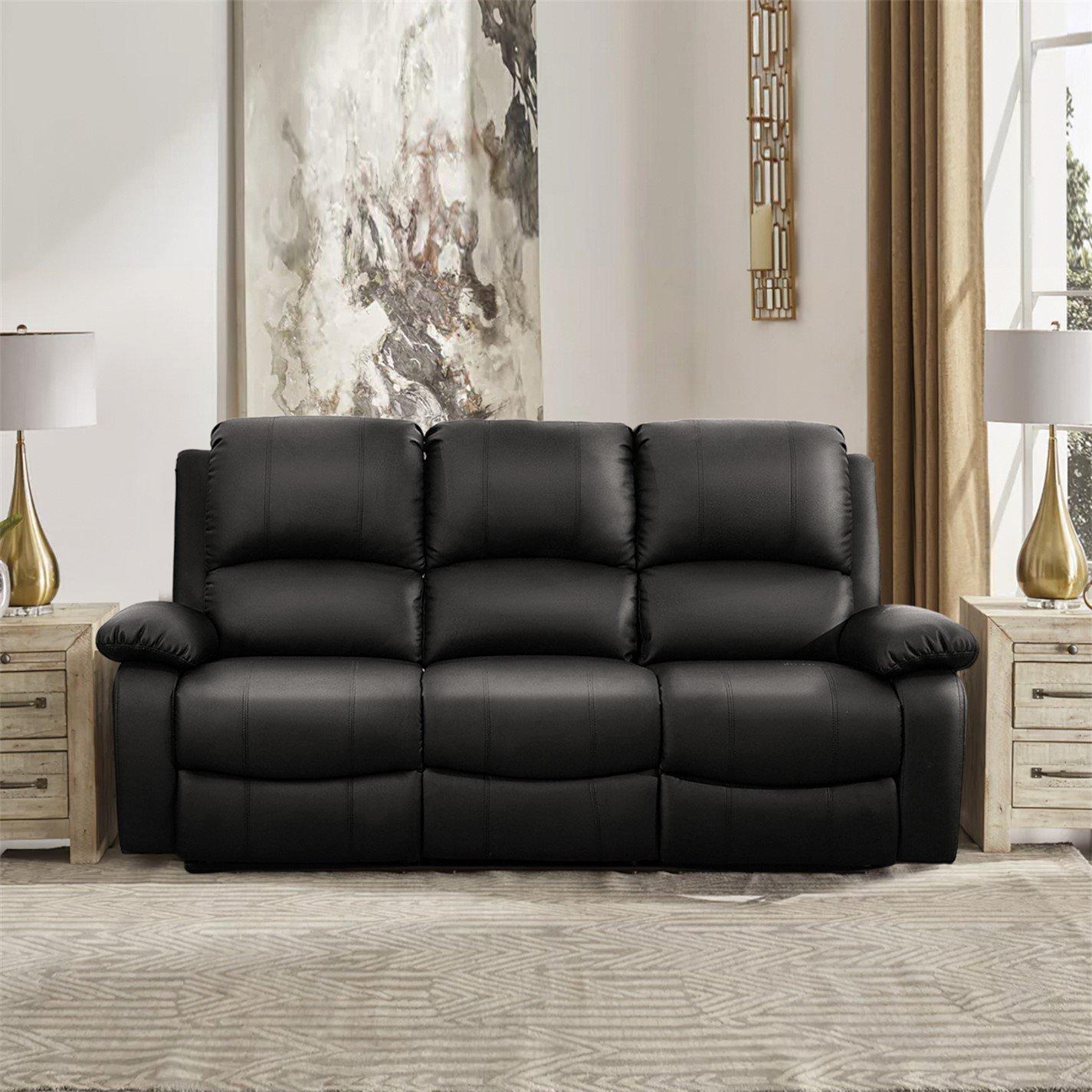 Black - Comfy Living - Manual Reclining Leather Sofa Set - 3