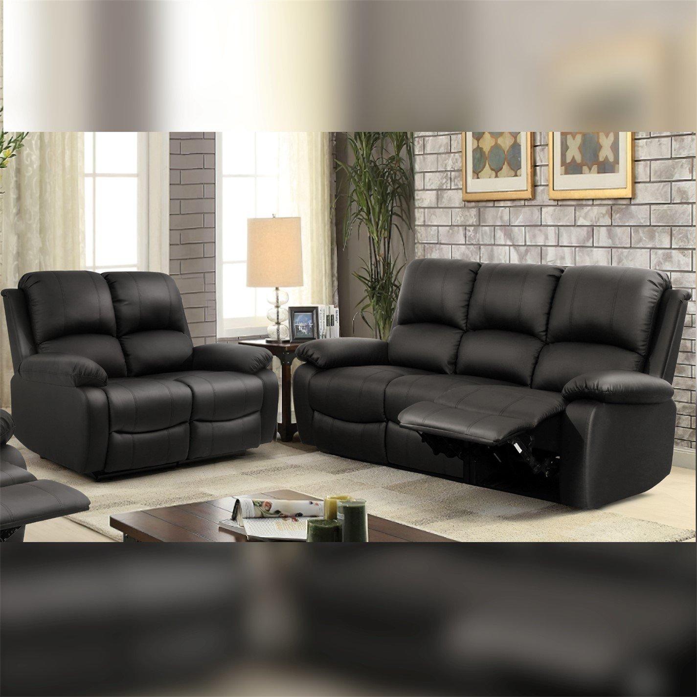Black - Comfy Living - Manual Reclining Leather Sofa Set - 4