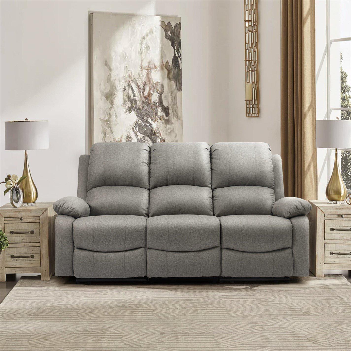 Light Grey - Comfy Living - Manual Reclining Linen Sofa Set - 3