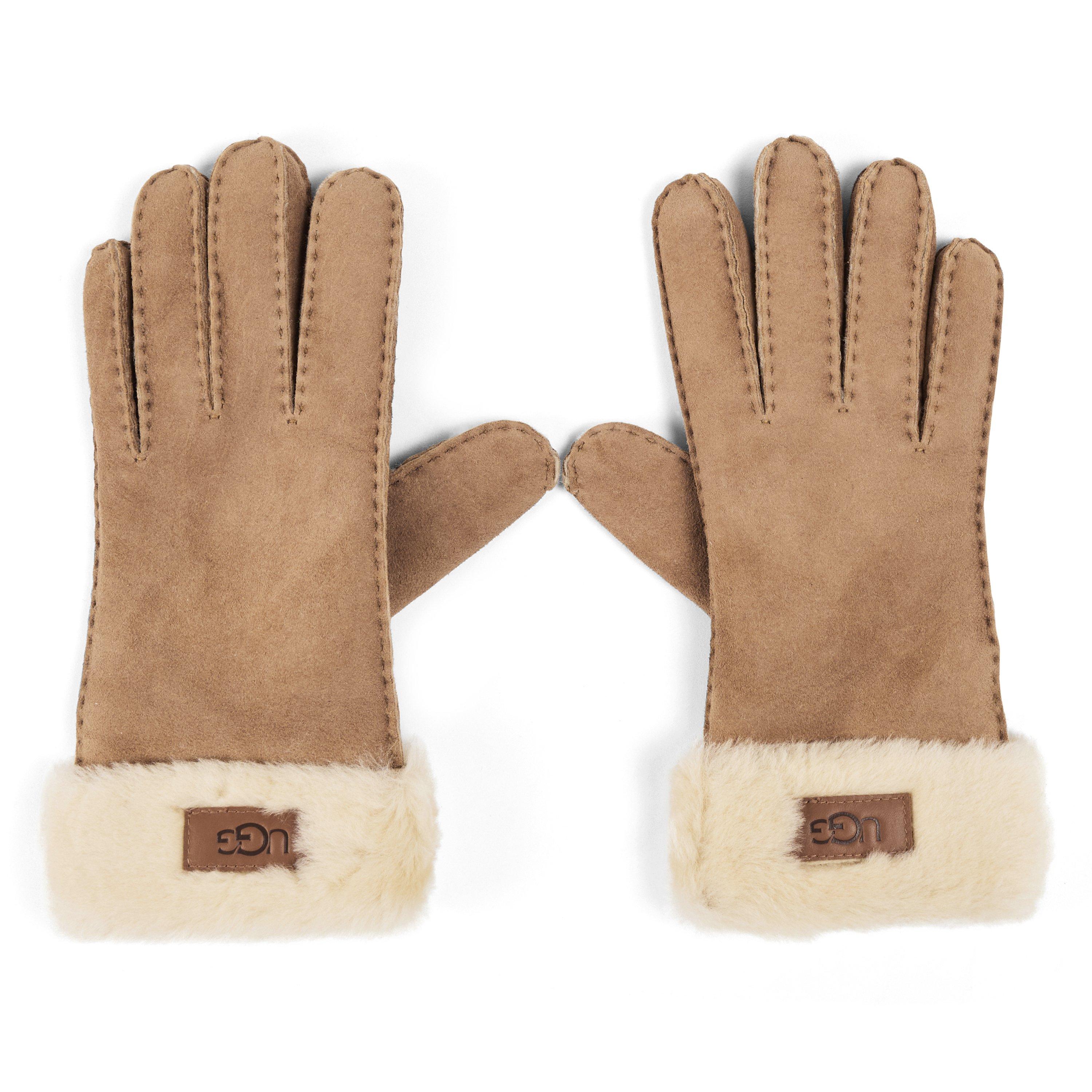 Chestnut - Ugg - Women's Turn Cuff Leather Fleece Gloves - 1