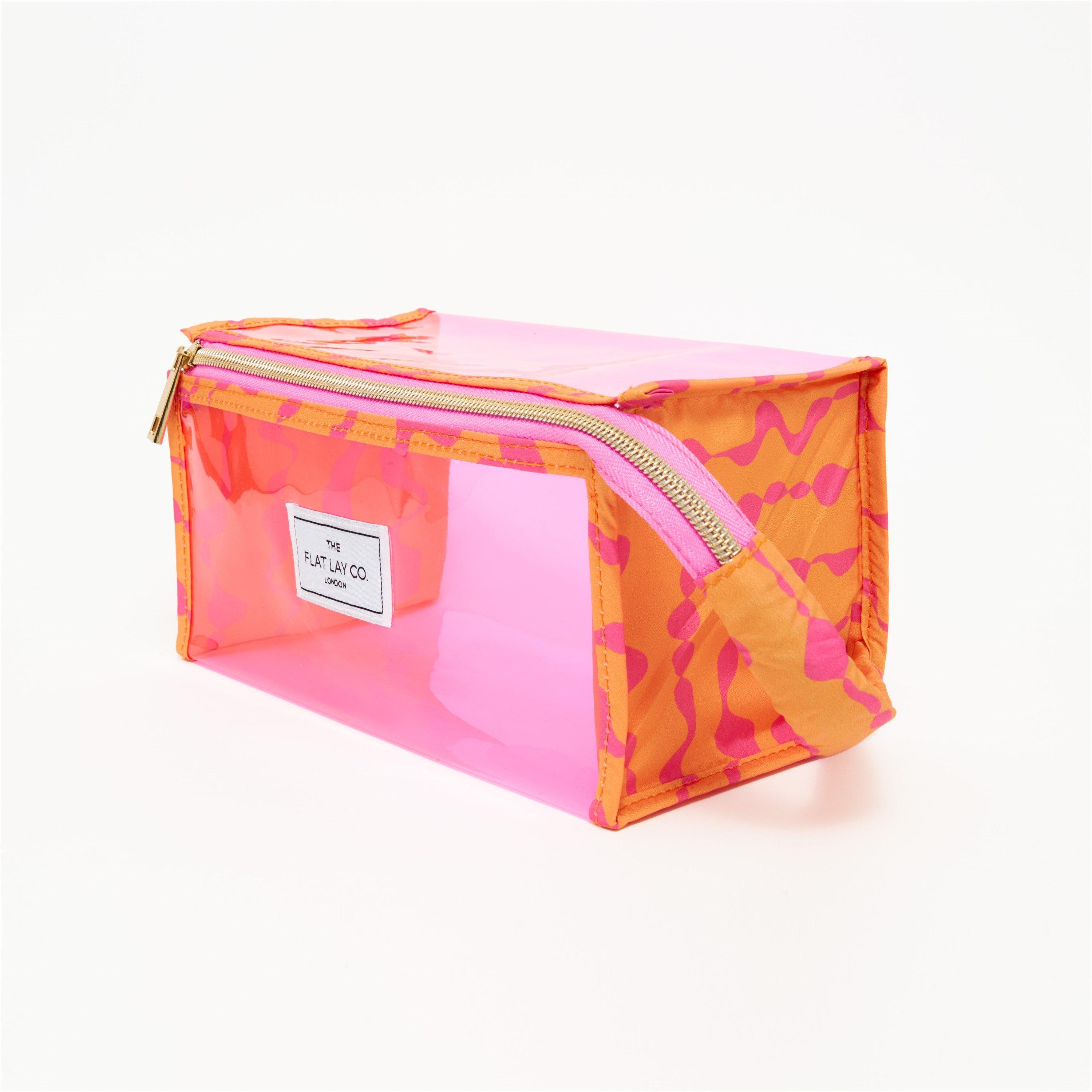 Pink Dribbles - The Flat Lay Co. - Jelly Flat Lay Makeup Box Bag - Pink Dribbles on Orange - 2