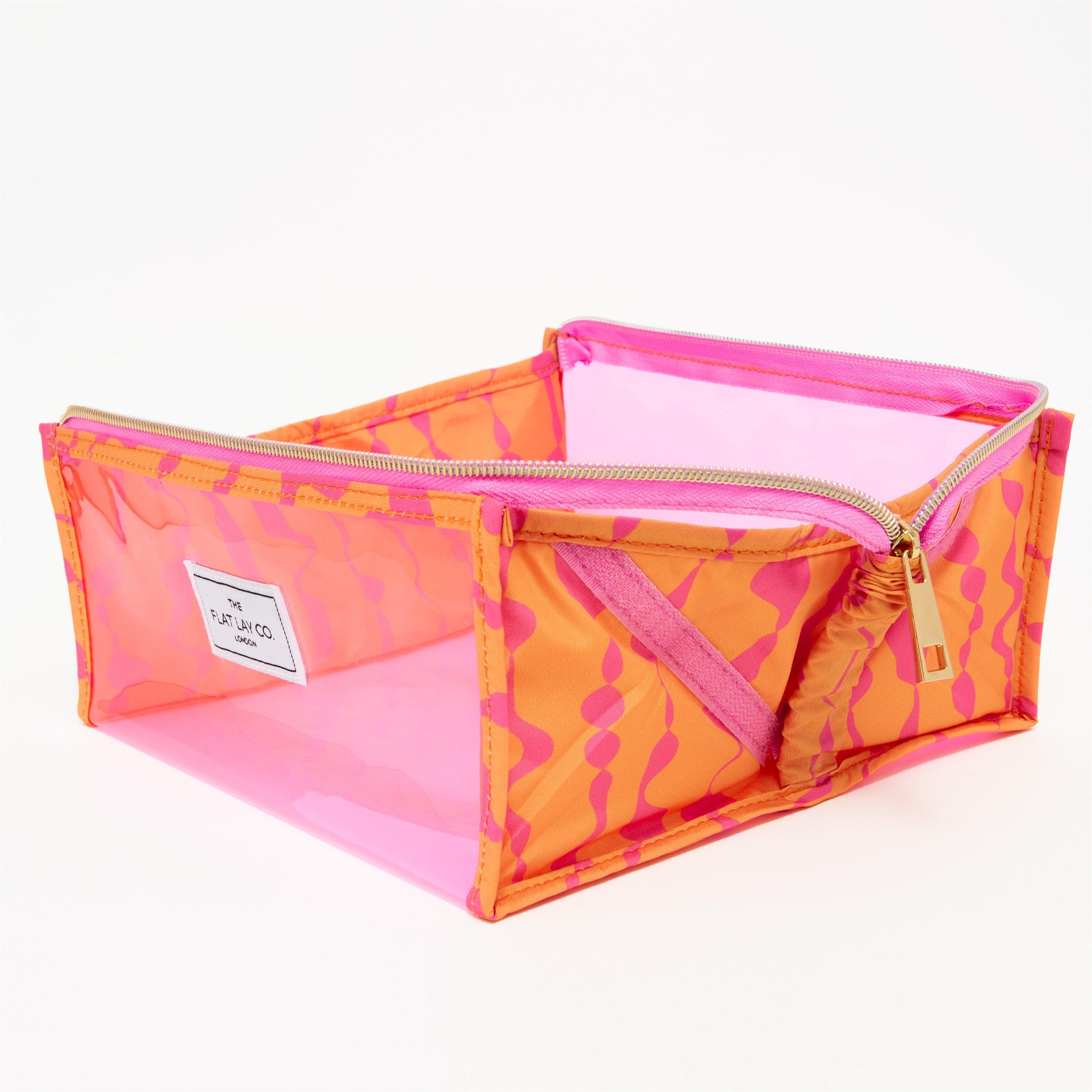 Pink Dribbles - The Flat Lay Co. - Jelly Flat Lay Makeup Box Bag - Pink Dribbles on Orange - 3