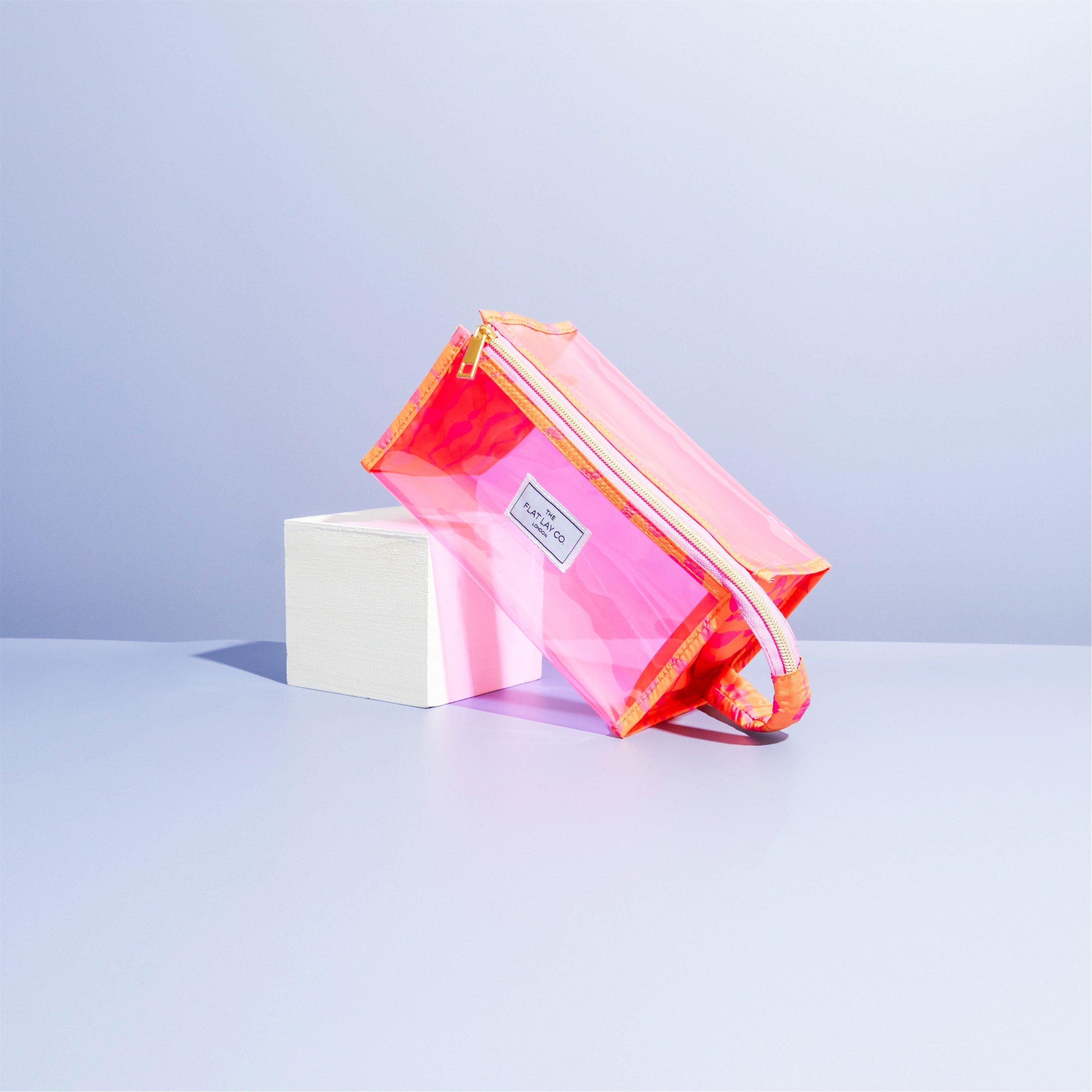 Pink Dribbles - The Flat Lay Co. - Jelly Flat Lay Makeup Box Bag - Pink Dribbles on Orange - 4