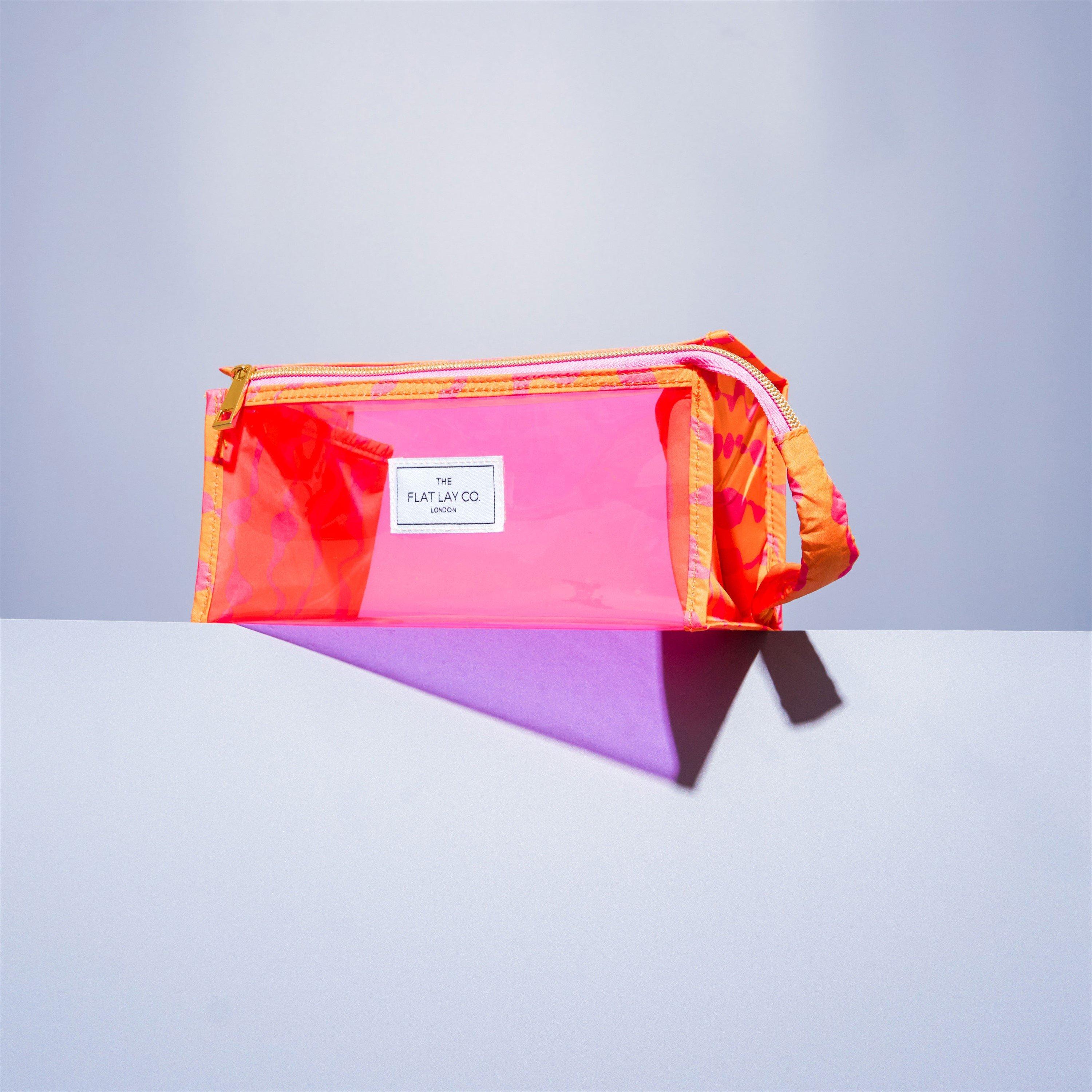 Pink Dribbles - The Flat Lay Co. - Jelly Flat Lay Makeup Box Bag - Pink Dribbles on Orange - 6