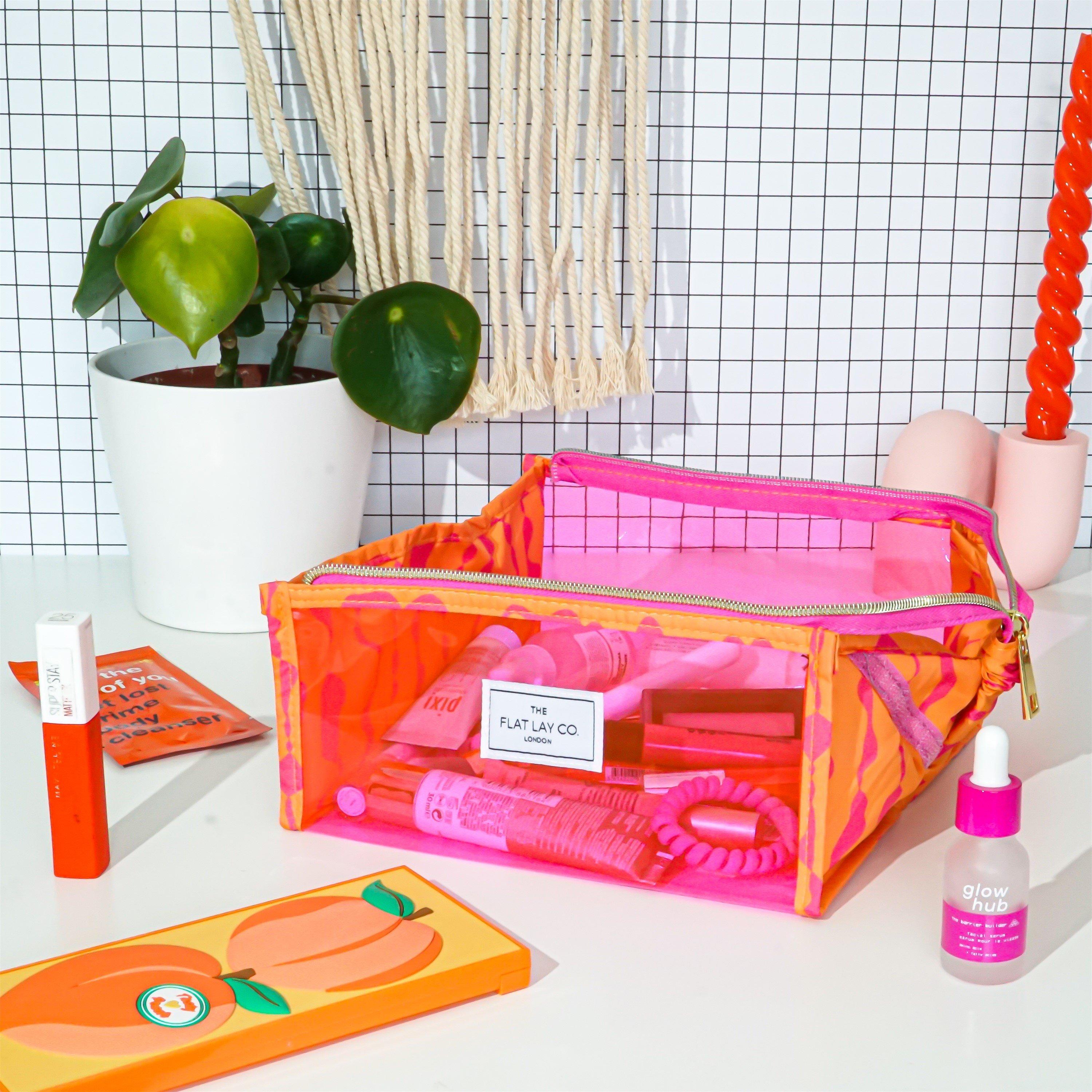 Pink Dribbles - The Flat Lay Co. - Jelly Flat Lay Makeup Box Bag - Pink Dribbles on Orange - 7