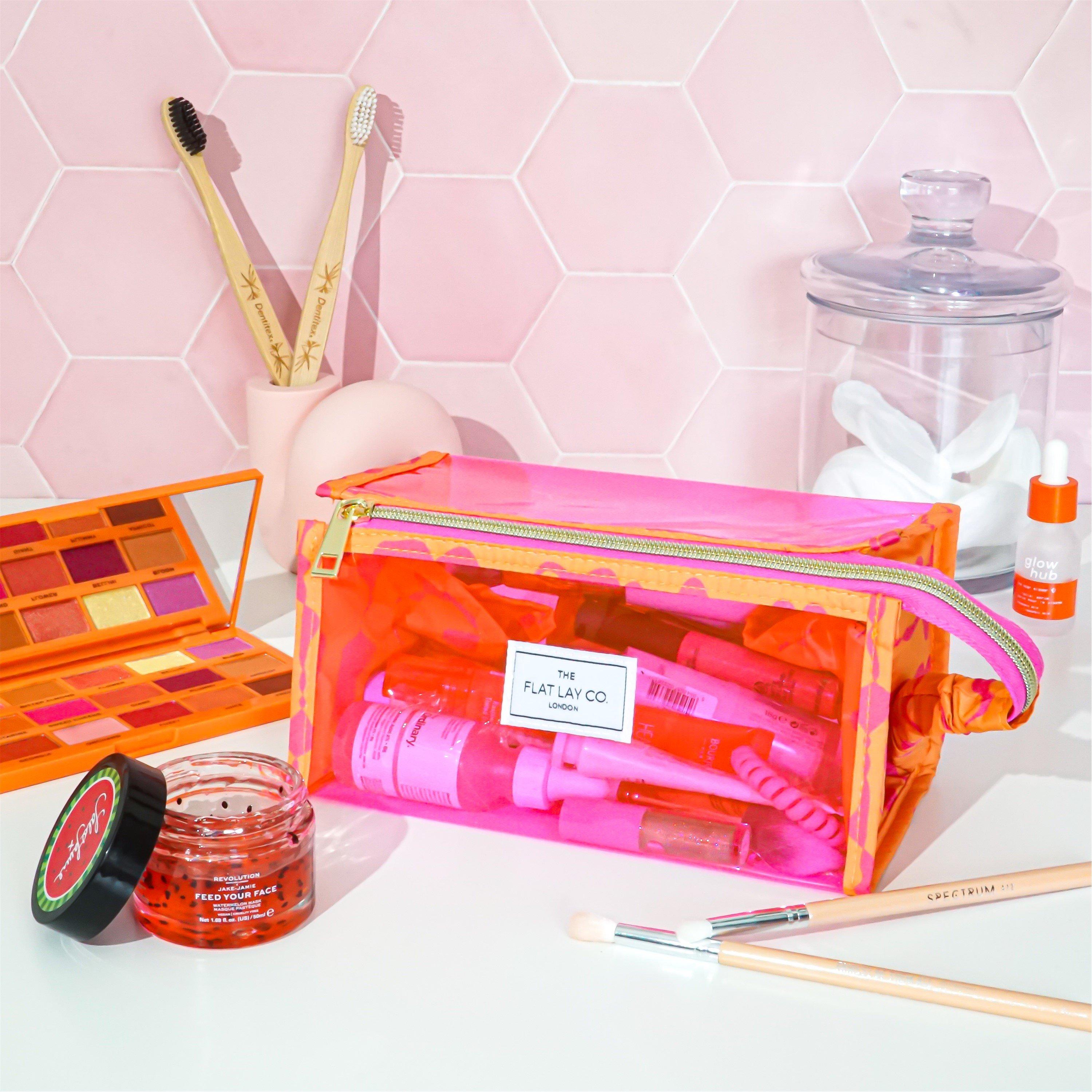 Pink Dribbles - The Flat Lay Co. - Jelly Flat Lay Makeup Box Bag - Pink Dribbles on Orange - 8