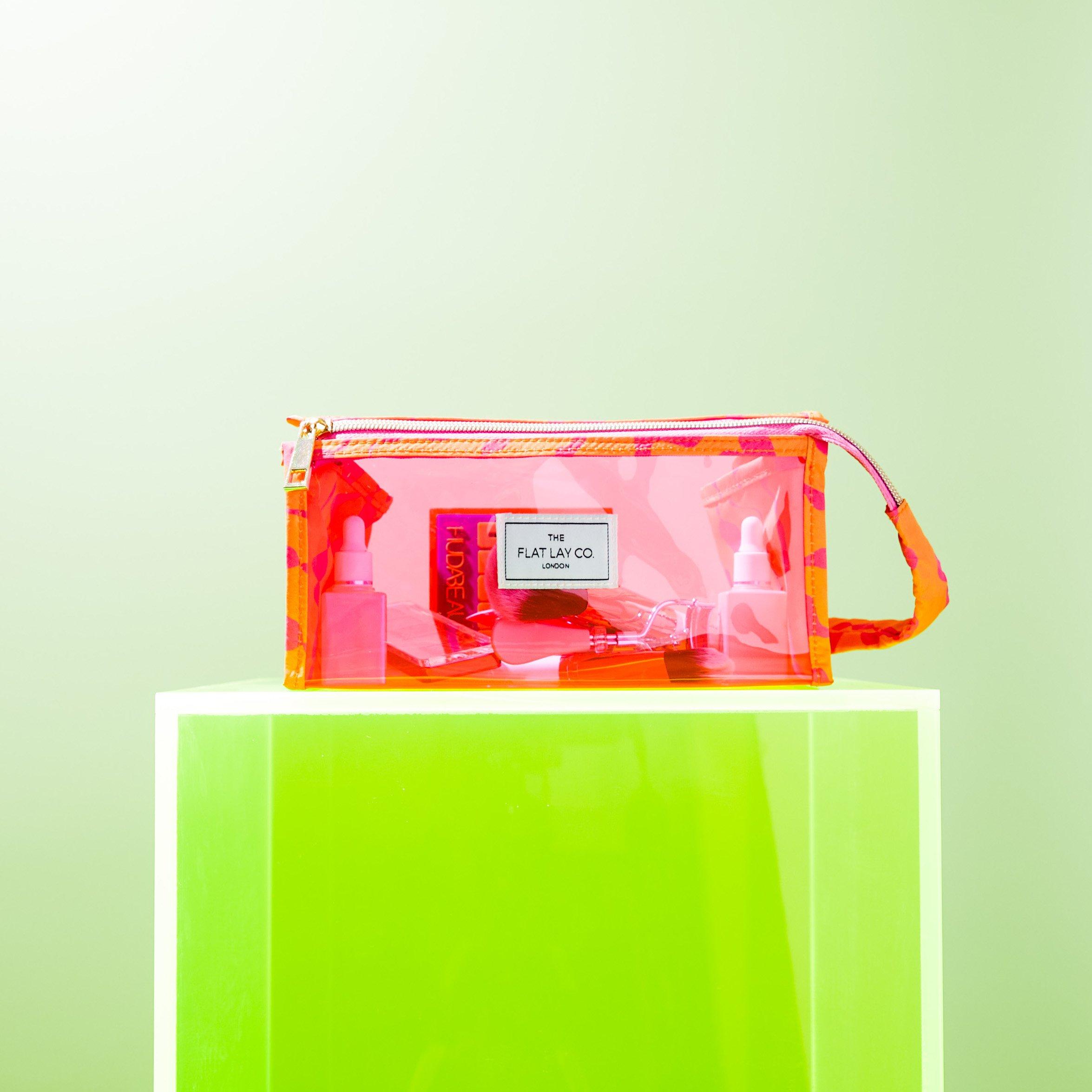 Pink Dribbles - The Flat Lay Co. - Jelly Flat Lay Makeup Box Bag - Pink Dribbles on Orange - 9