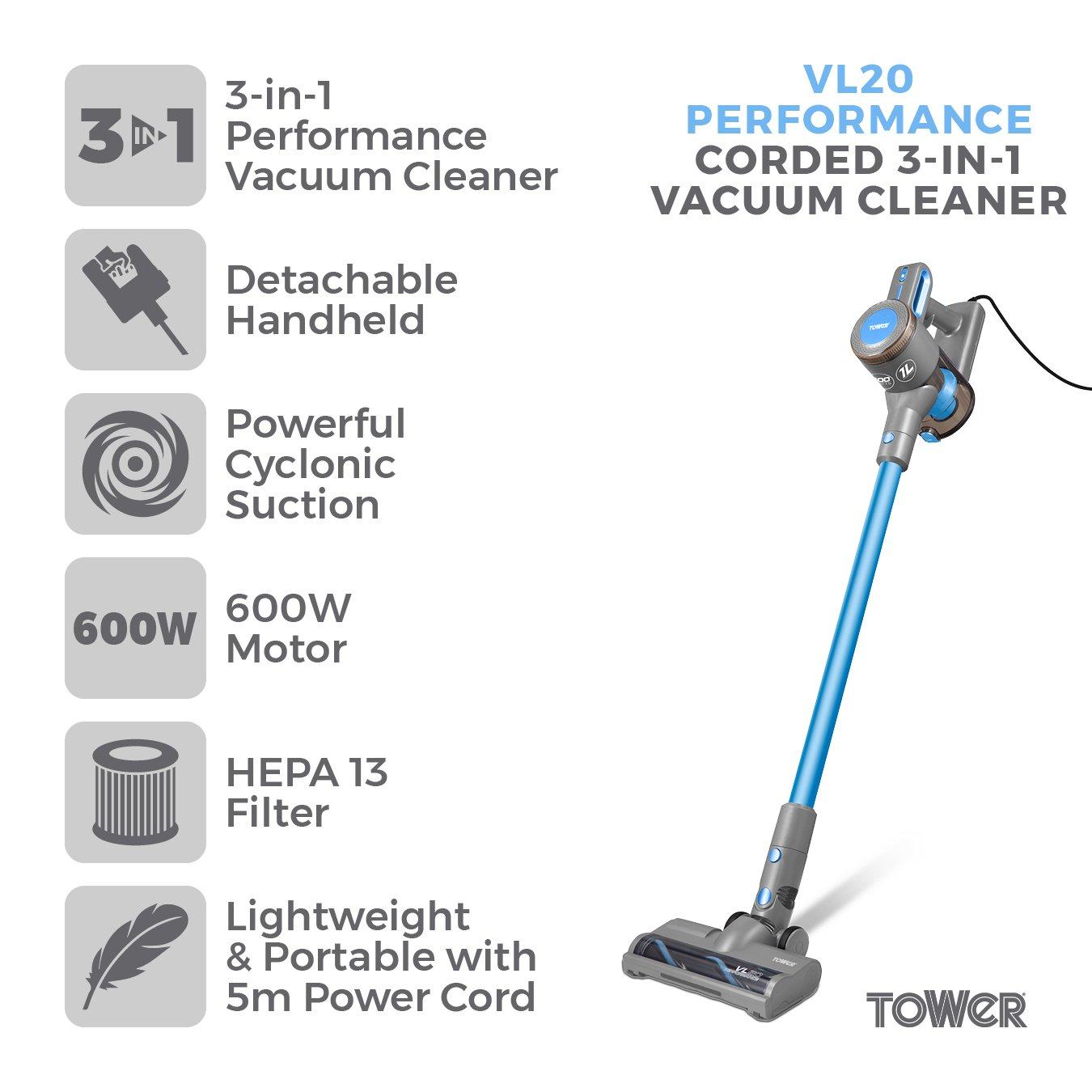 Blue - Tower - VL20 Performance Corded Stick 3 in 1 Corded Stick - 2