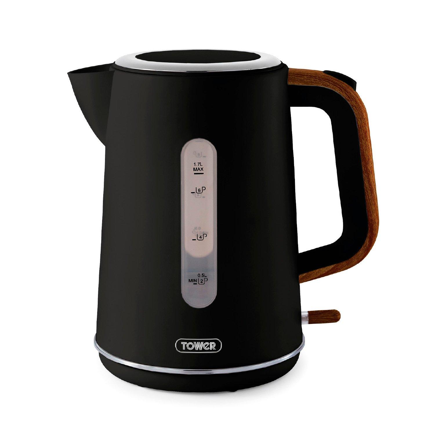 Black - Tower - Scandi 3KW 1.7 Litre Kettle Black with Wooden Acce - 1