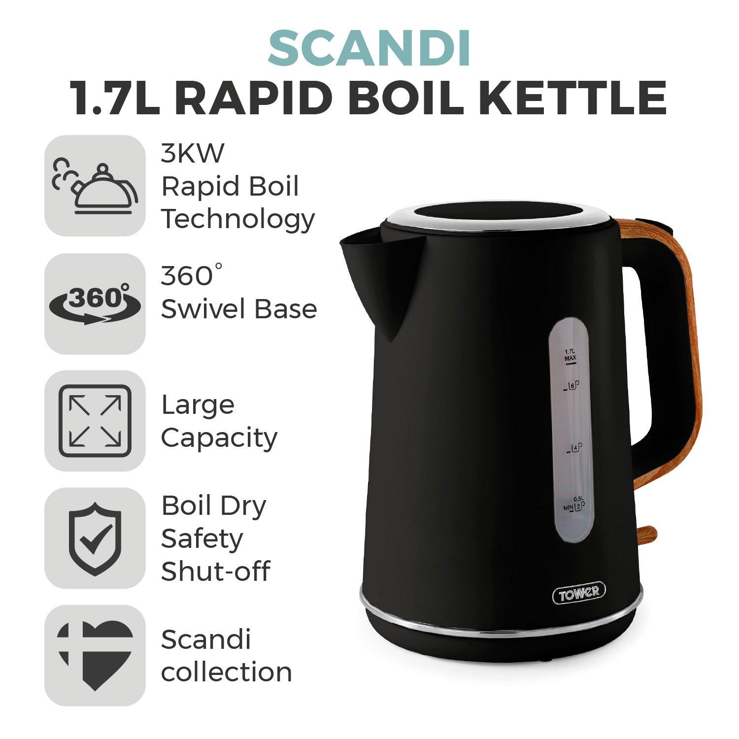 Black - Tower - Scandi 3KW 1.7 Litre Kettle Black with Wooden Acce - 2