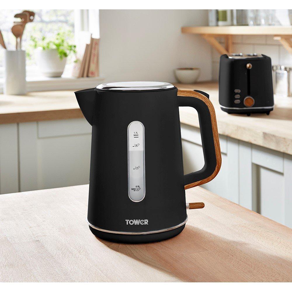 Black - Tower - Scandi 3KW 1.7 Litre Kettle Black with Wooden Acce - 8