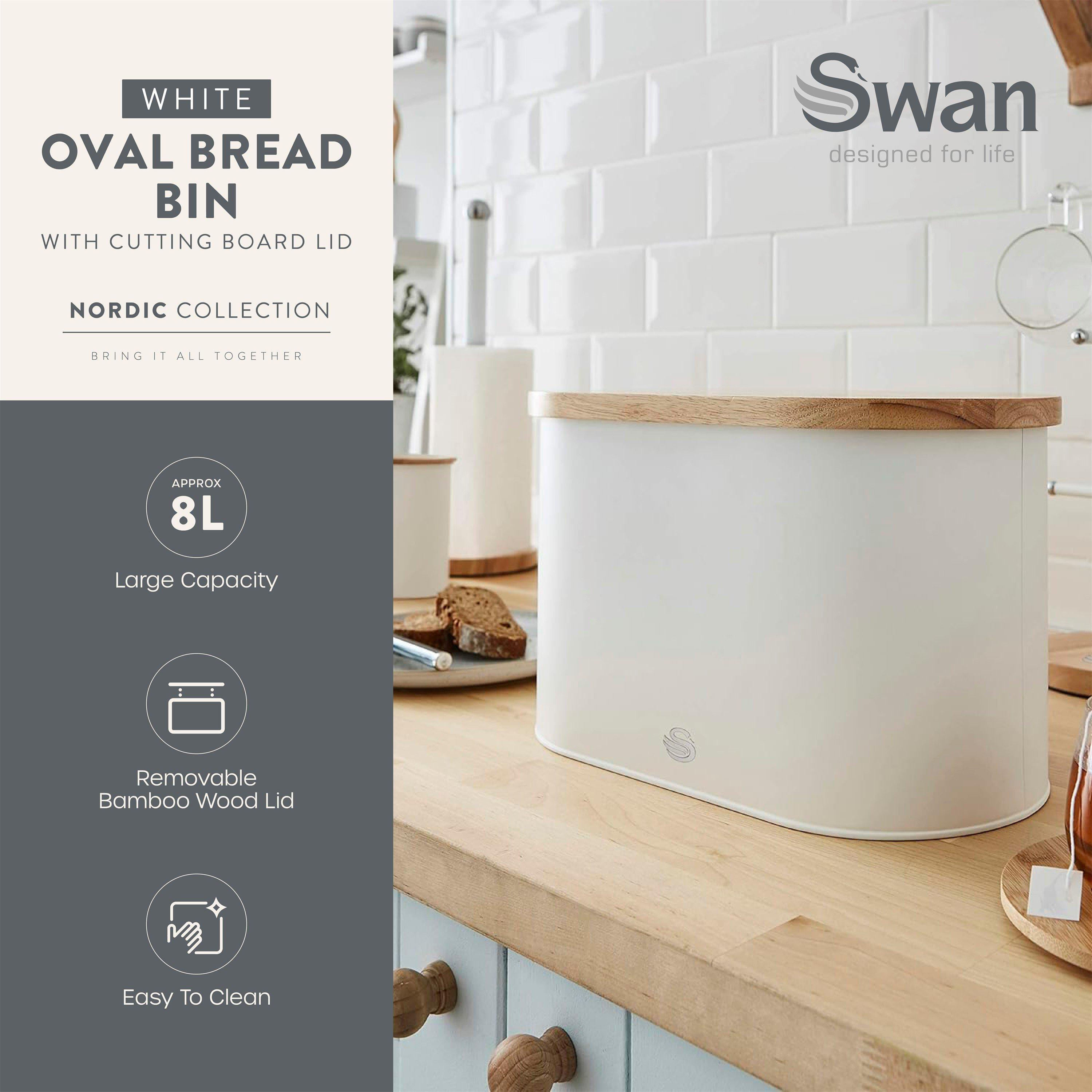 White - Swan - Nordic Oval Bread Bin w/Cutting Board Lid White - 3