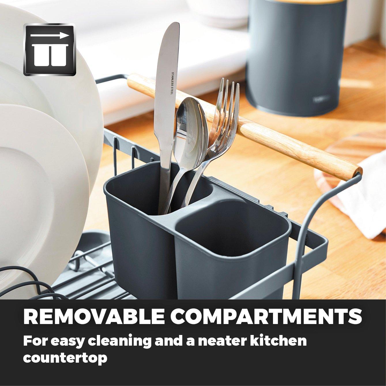 Grey - Tower - Scandi Dish Rack with Wooden Handles - 6