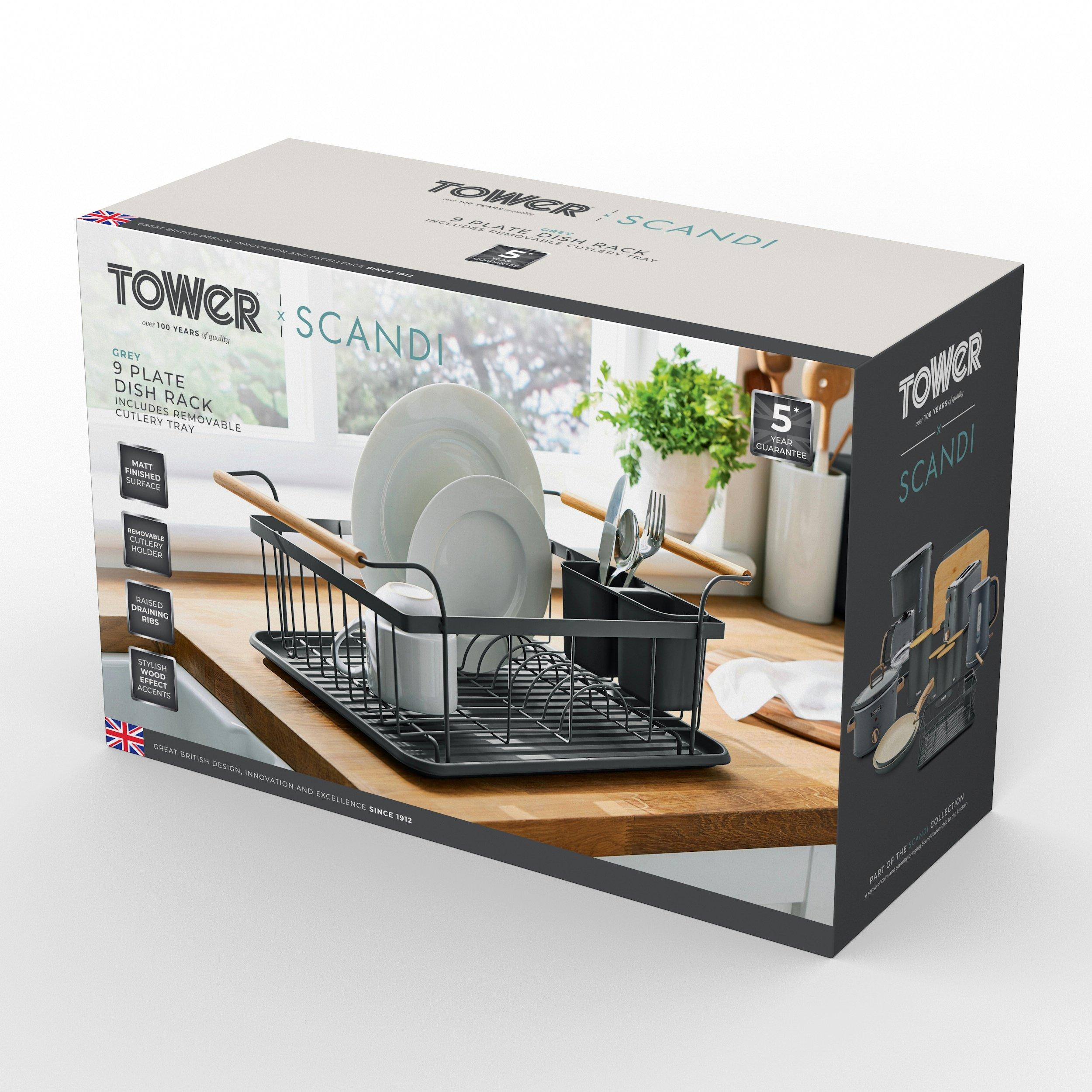 Grey - Tower - Scandi Dish Rack with Wooden Handles - 9