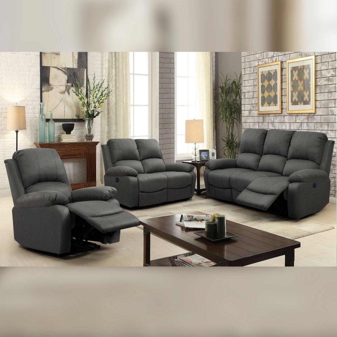 Dark Grey - Comfy Living - Electric Reclining Linen Sofa Set - 1