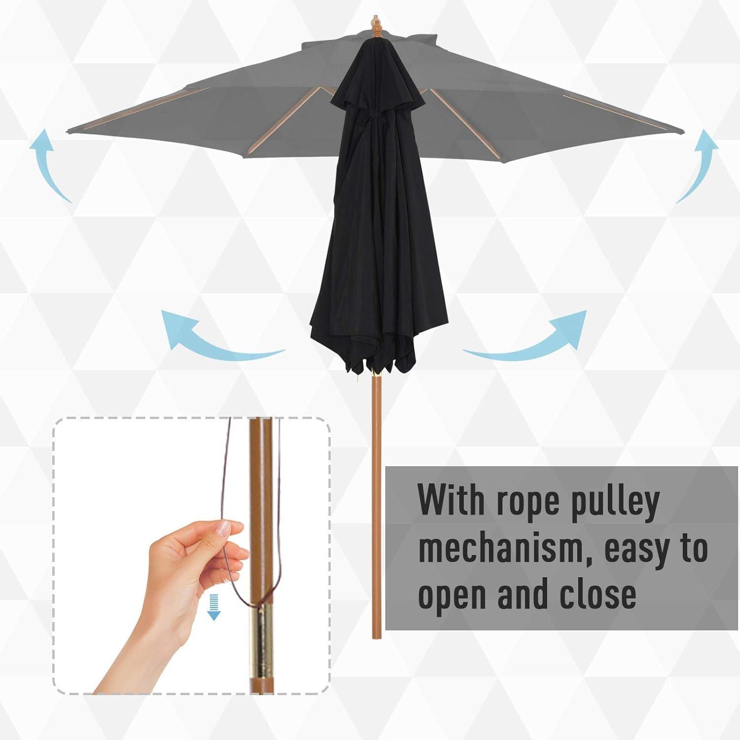 Black - Outsunny - 2.5m Wood Garden Parasol Sun Shade - 5