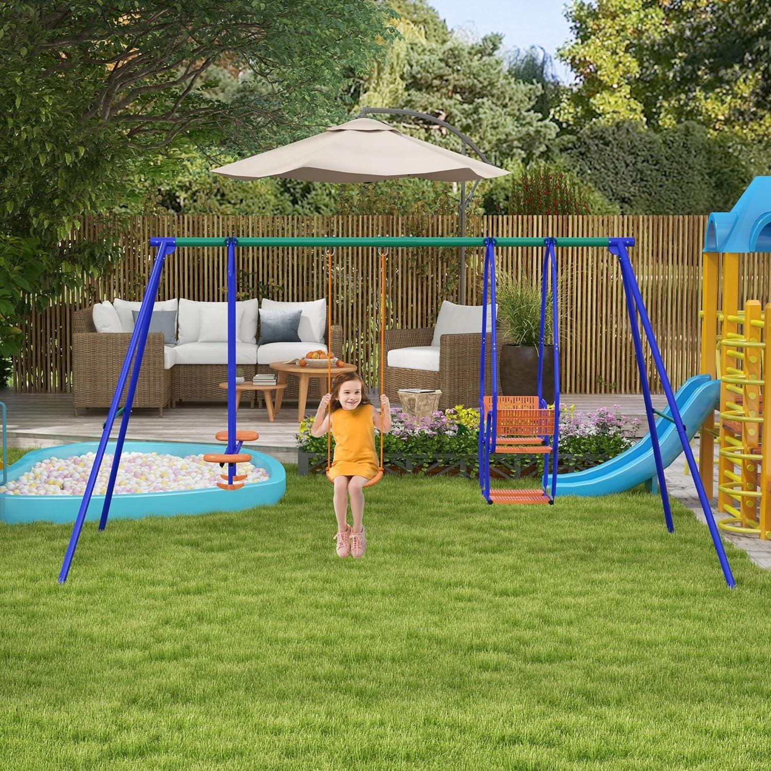 Blue - Outsunny - Three-In-One Kids Metal Swing Set - 2