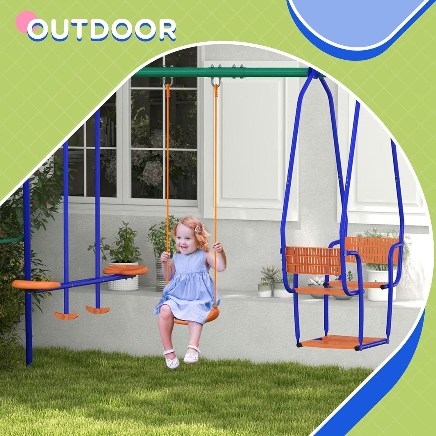 Blue - Outsunny - Three-In-One Kids Metal Swing Set - 6