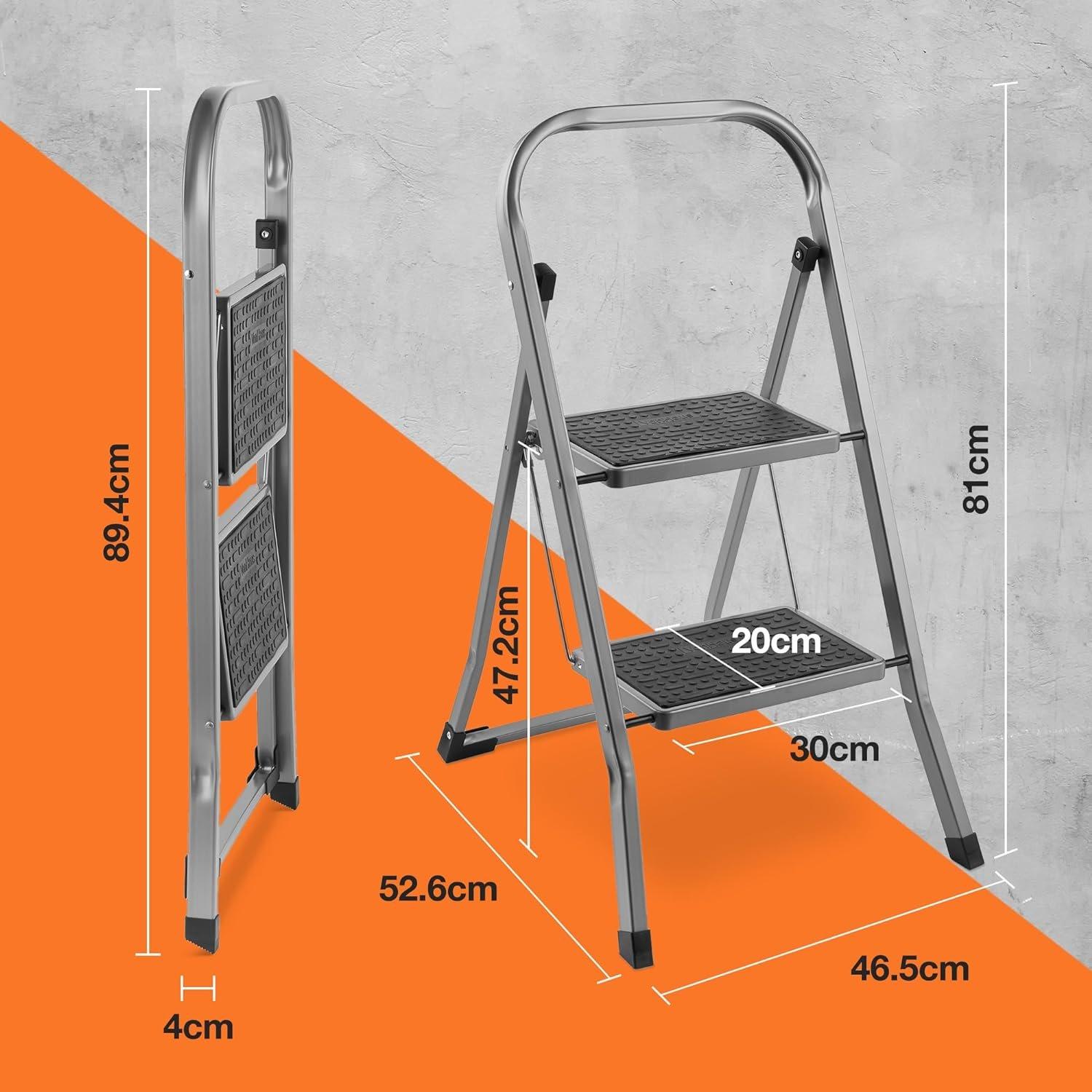 Grey - VonHaus - 2 Step Steel Ladder - Grey - 2
