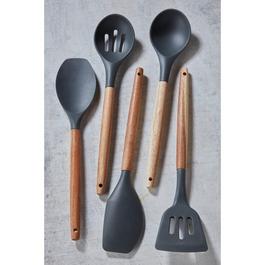 Homelife 5 Piece Grey and Wood Utensil Set