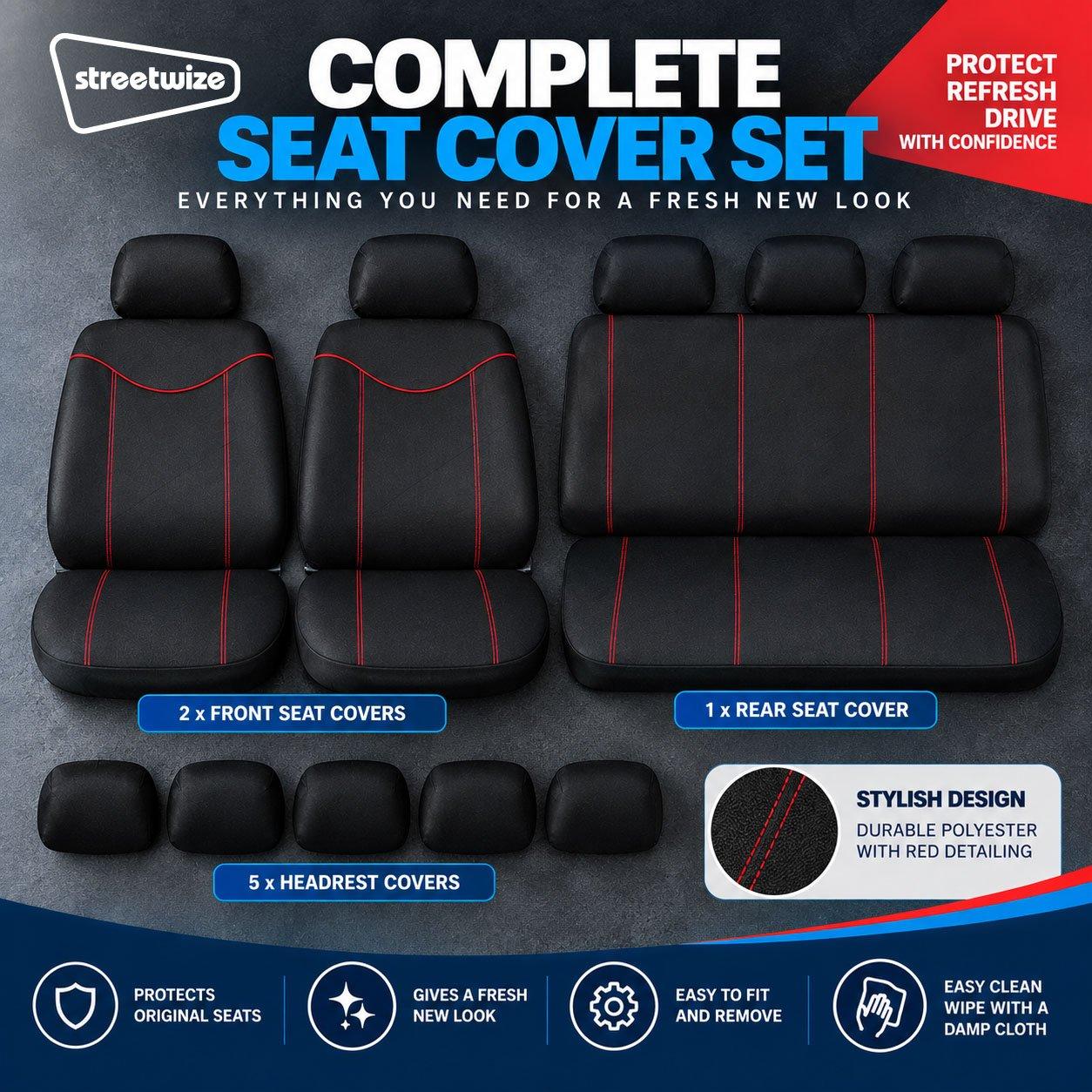 Black - Streetwize - Alabama Seat Cover Set -Black/Red - 2