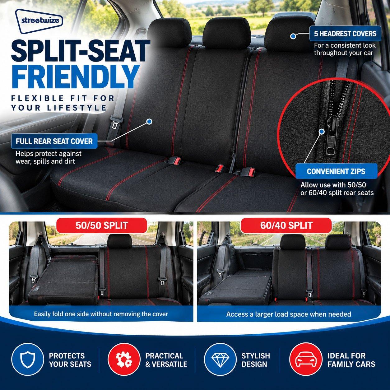 Black - Streetwize - Alabama Seat Cover Set -Black/Red - 3