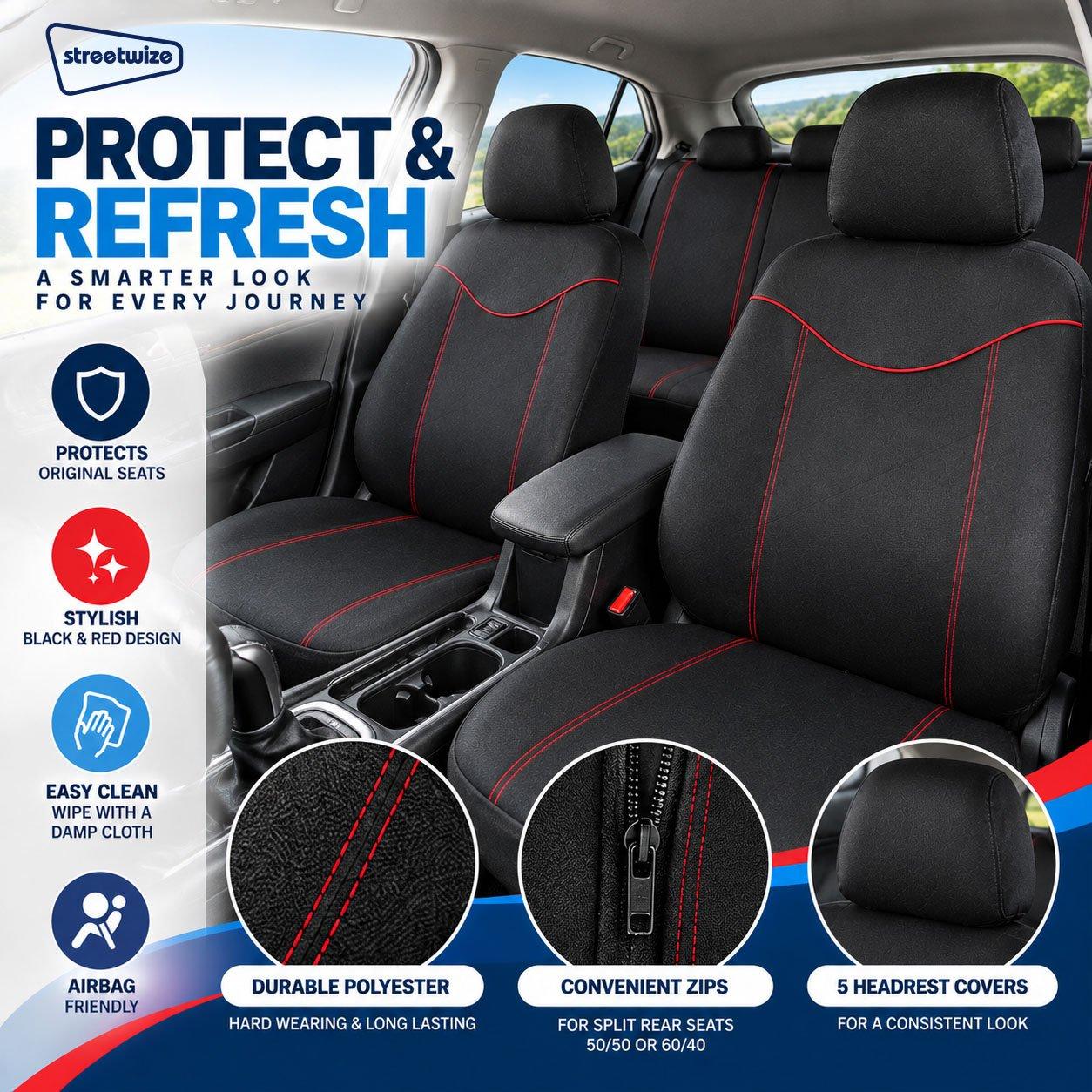 Black - Streetwize - Alabama Seat Cover Set -Black/Red - 7