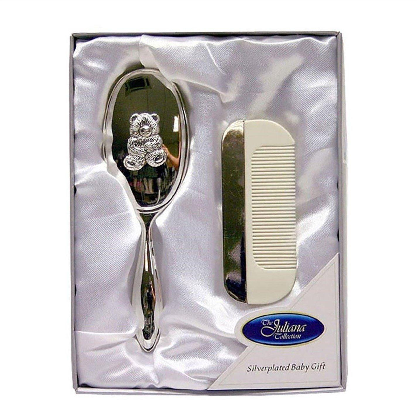 Juliana Collection  Newborn Plated Baby Brush & Comb - Teddy Design Silver