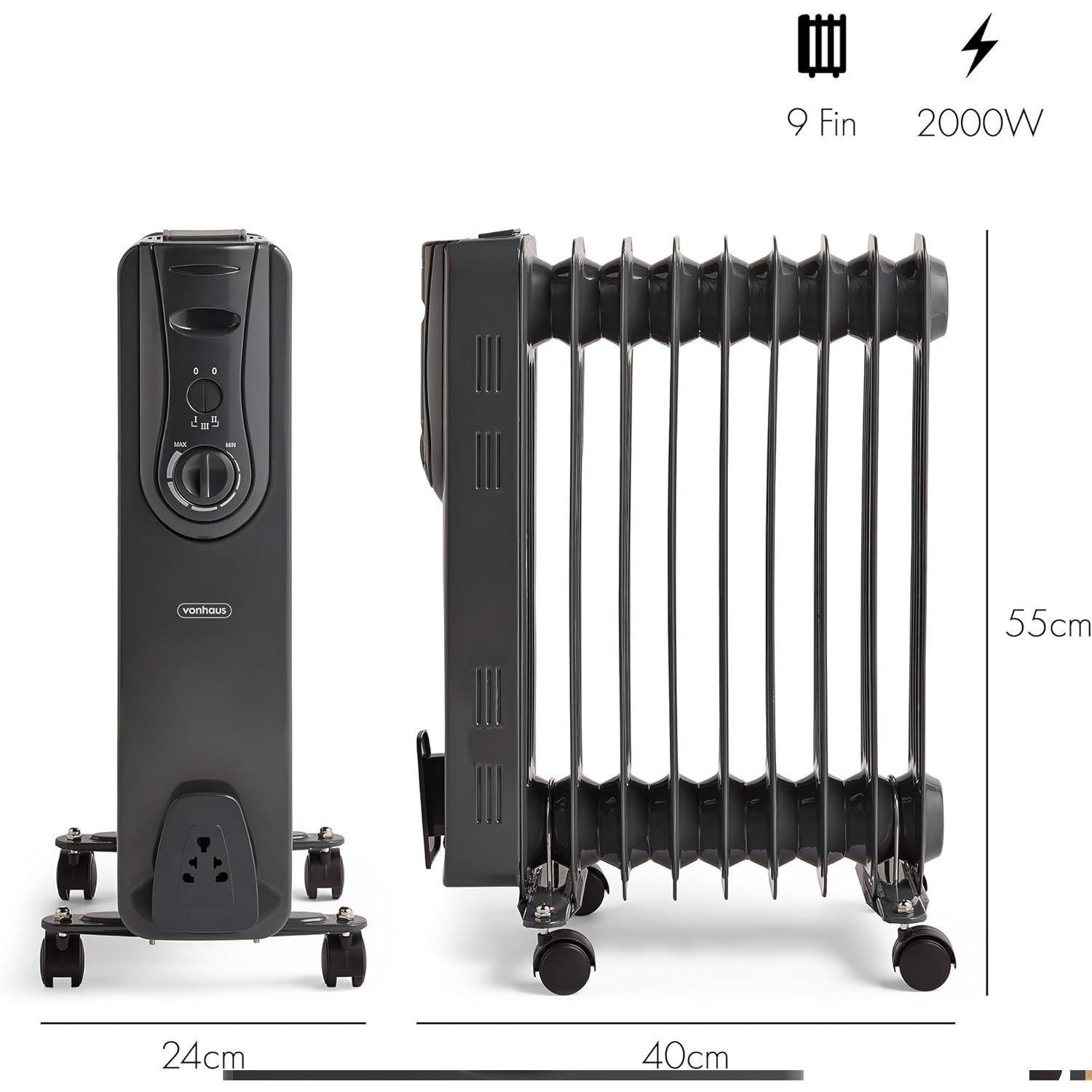 Black - VonHaus - 9 Fin 2000W Oil Filled Radiator - 7
