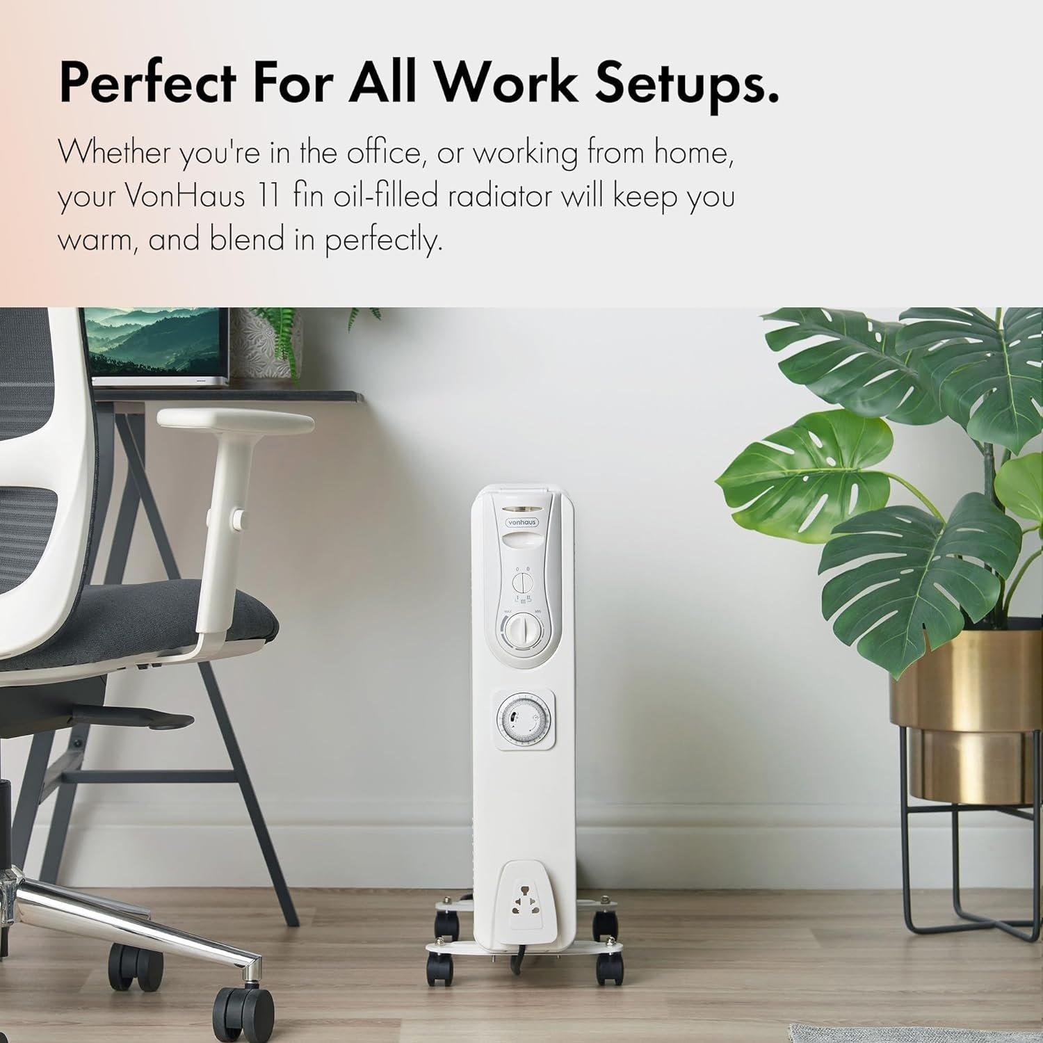 White - VonHaus - 11 Fin Oil Filled Radiator White with Timer - 3