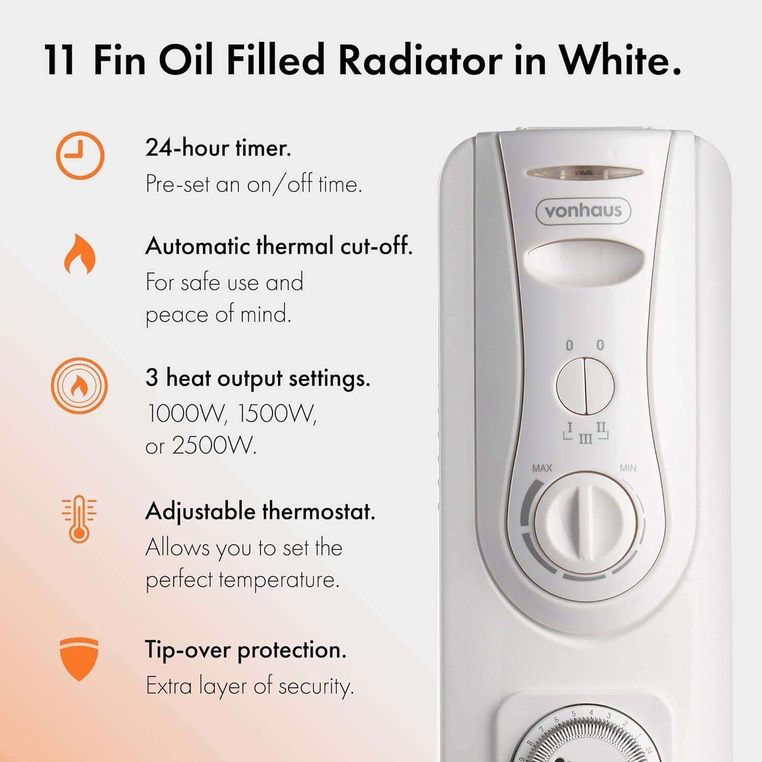 White - VonHaus - 11 Fin Oil Filled Radiator White with Timer - 4
