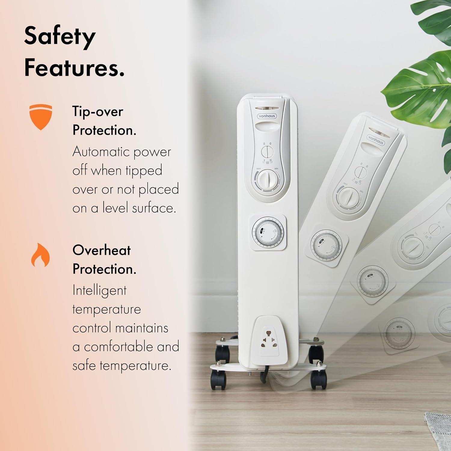 White - VonHaus - 11 Fin Oil Filled Radiator White with Timer - 7