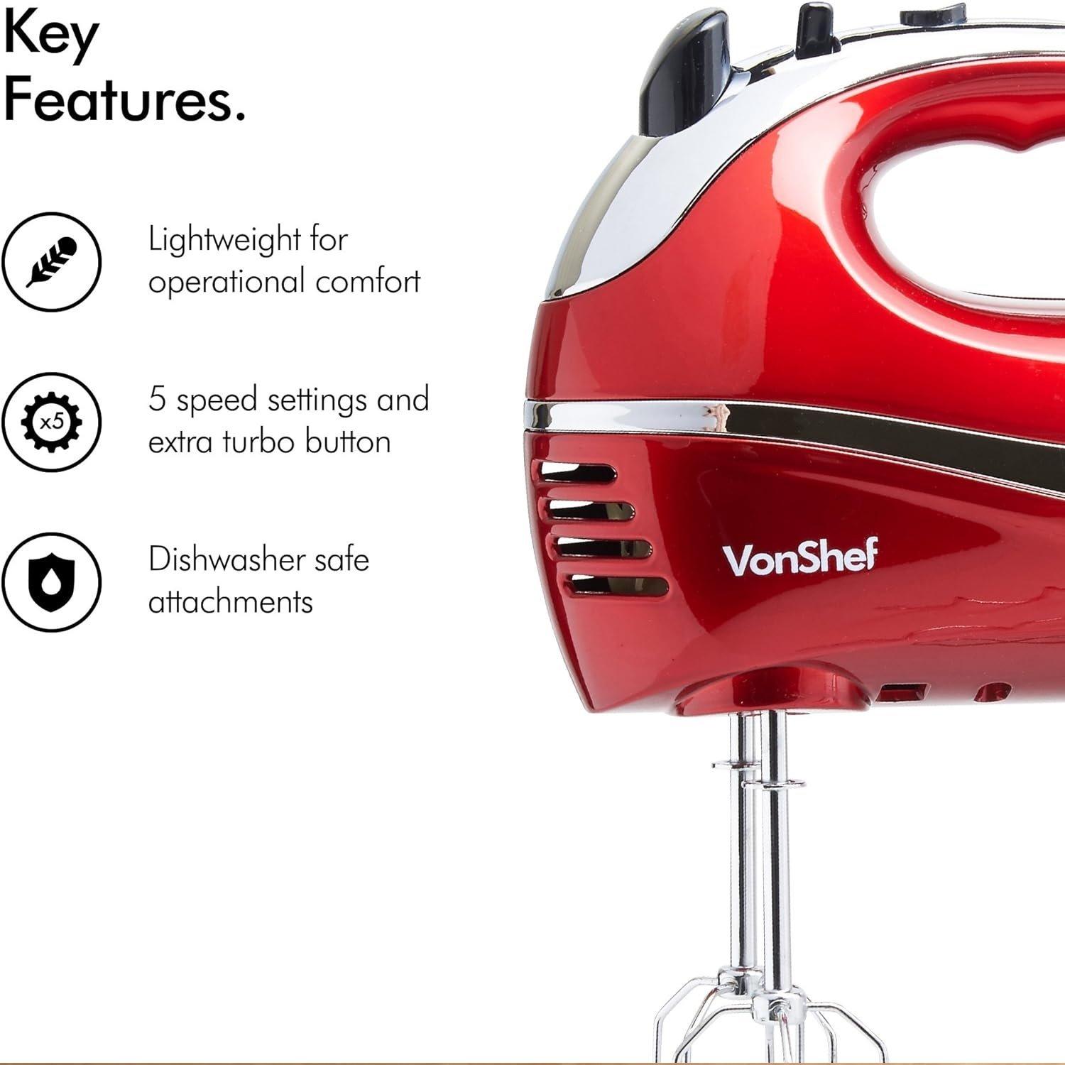 Red - VonShef - 300w Hand Mixer 5 speed with Turbo Function - 5