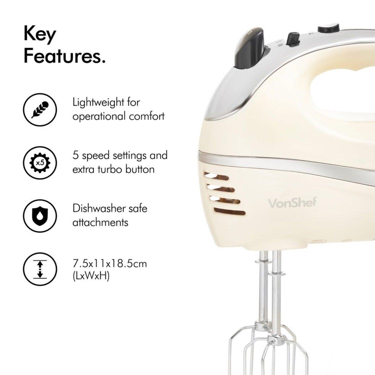 Cream - VonShef - 300w Hand Mixer 5 speed with Turbo Function - 3