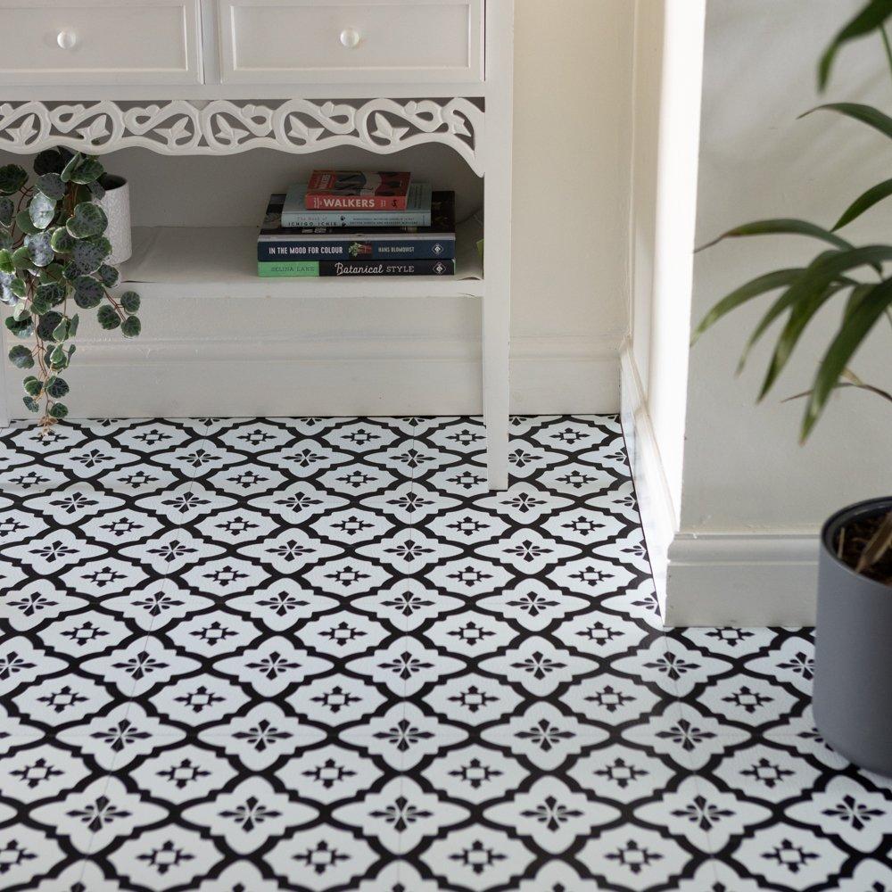 Floor Pops  Self Adhesive Vinyl Floor Tiles Comet - Black & White - 1.86 SQM