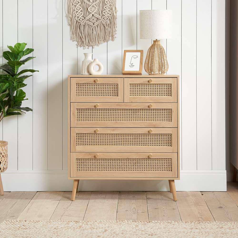 Oak - Birlea - Croxley 5 Drawer Rattan Chest - 1