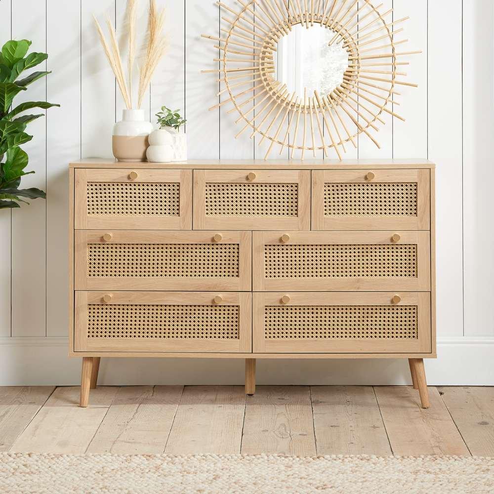 Oak - Birlea - Croxley 7 Drawer Rattan Chest - 1