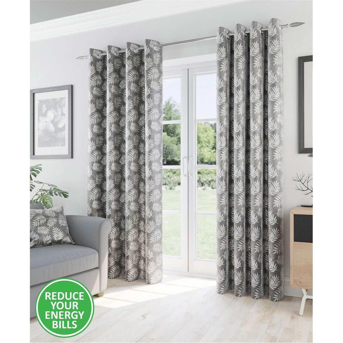 Enhanced Living  Oakland Leaf Pattern Thermal Room Darkening Pair - Grey - 229x229cm