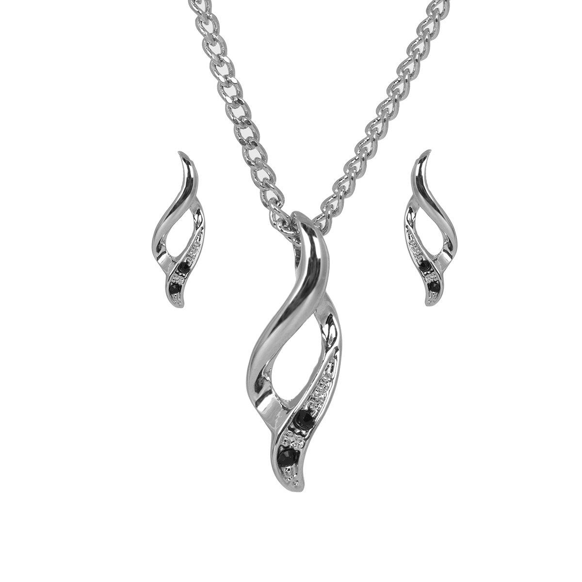 Espree Women's Rhodium Black Cz Wave Pendant & Earring - Silver