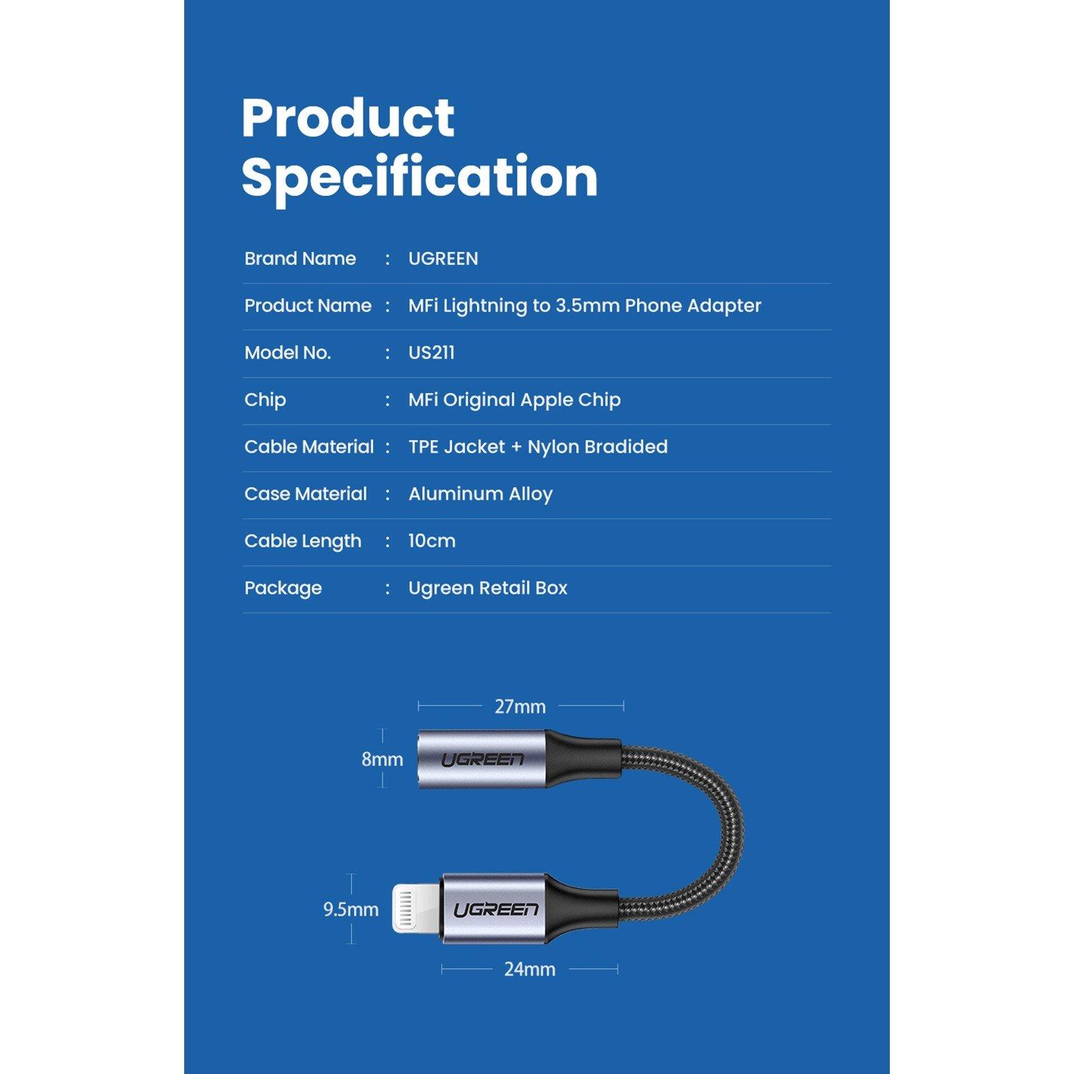 Black - UGREEN - Lightning to 3.5mm Headphone Adapter - 6