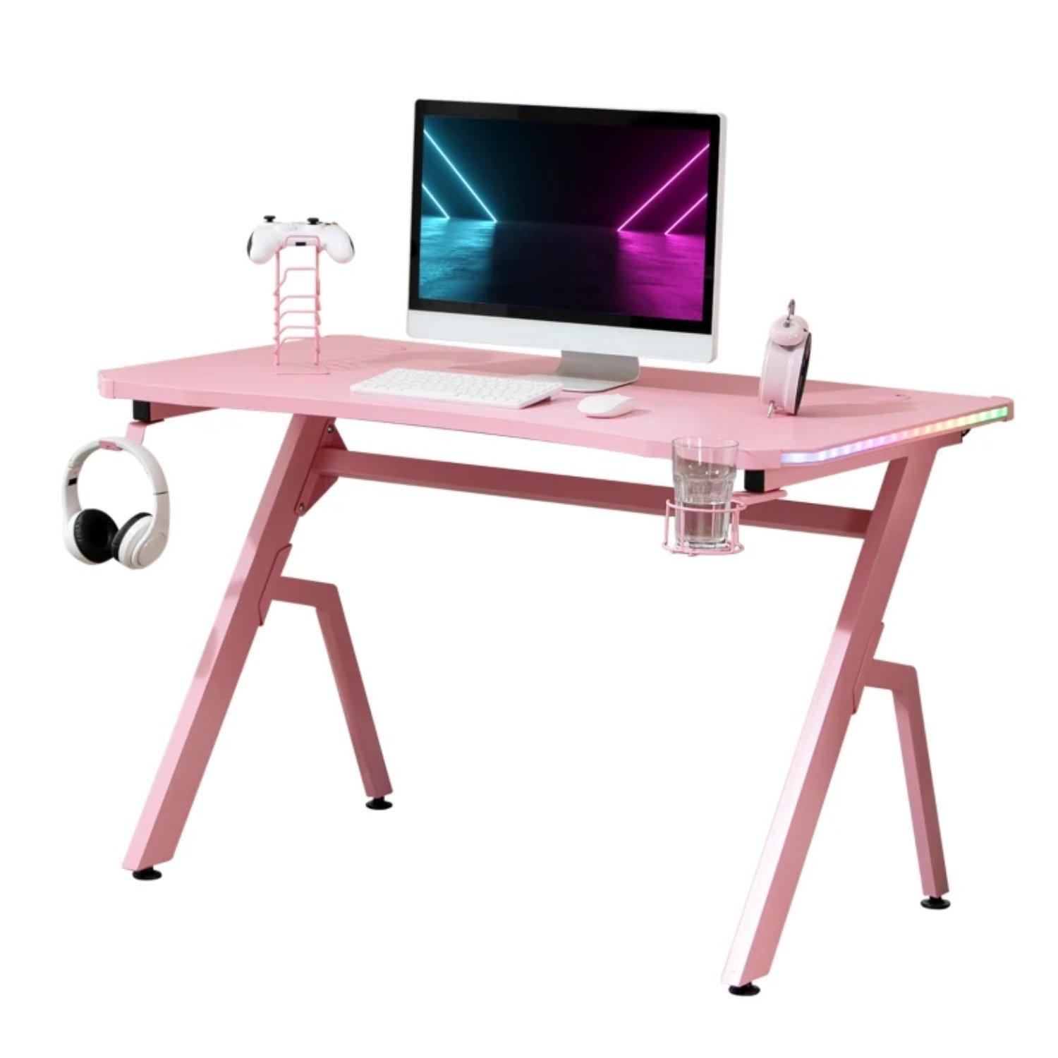Pink - HOMCOM Gaming - HOMCOM Gaming Desk with LED Lights - 1