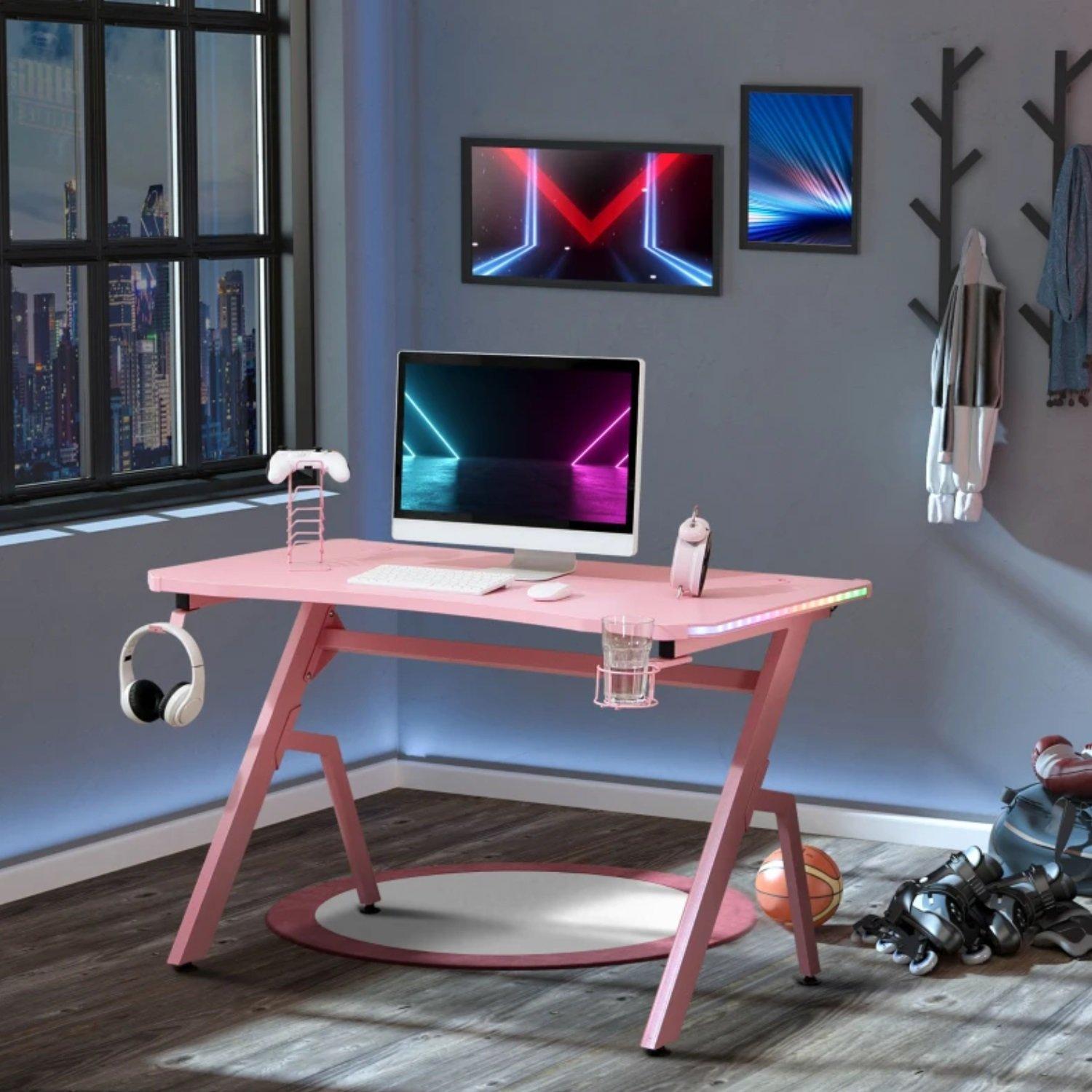 Pink - HOMCOM Gaming - HOMCOM Gaming Desk with LED Lights - 2