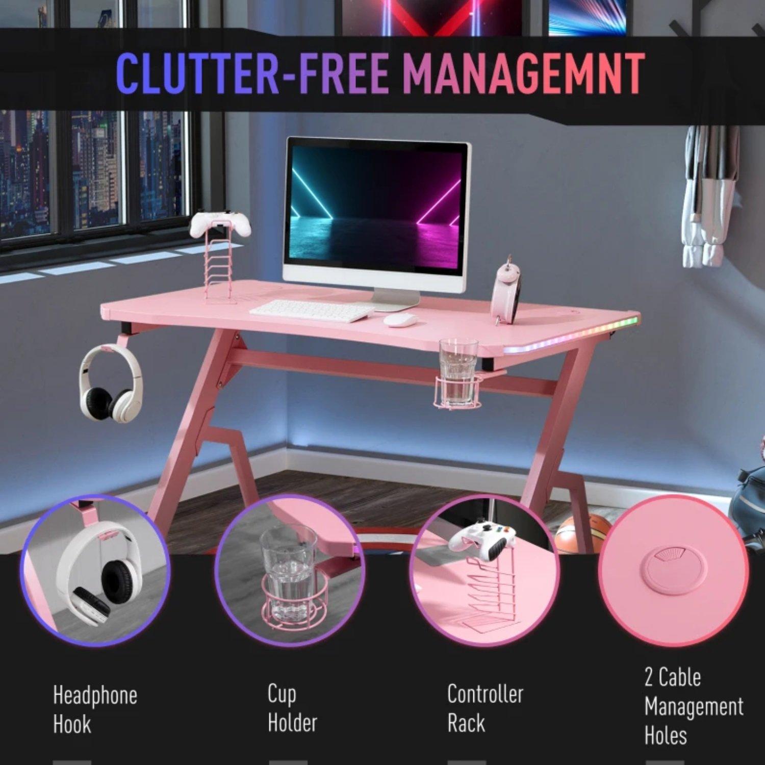 Pink - HOMCOM Gaming - HOMCOM Gaming Desk with LED Lights - 3